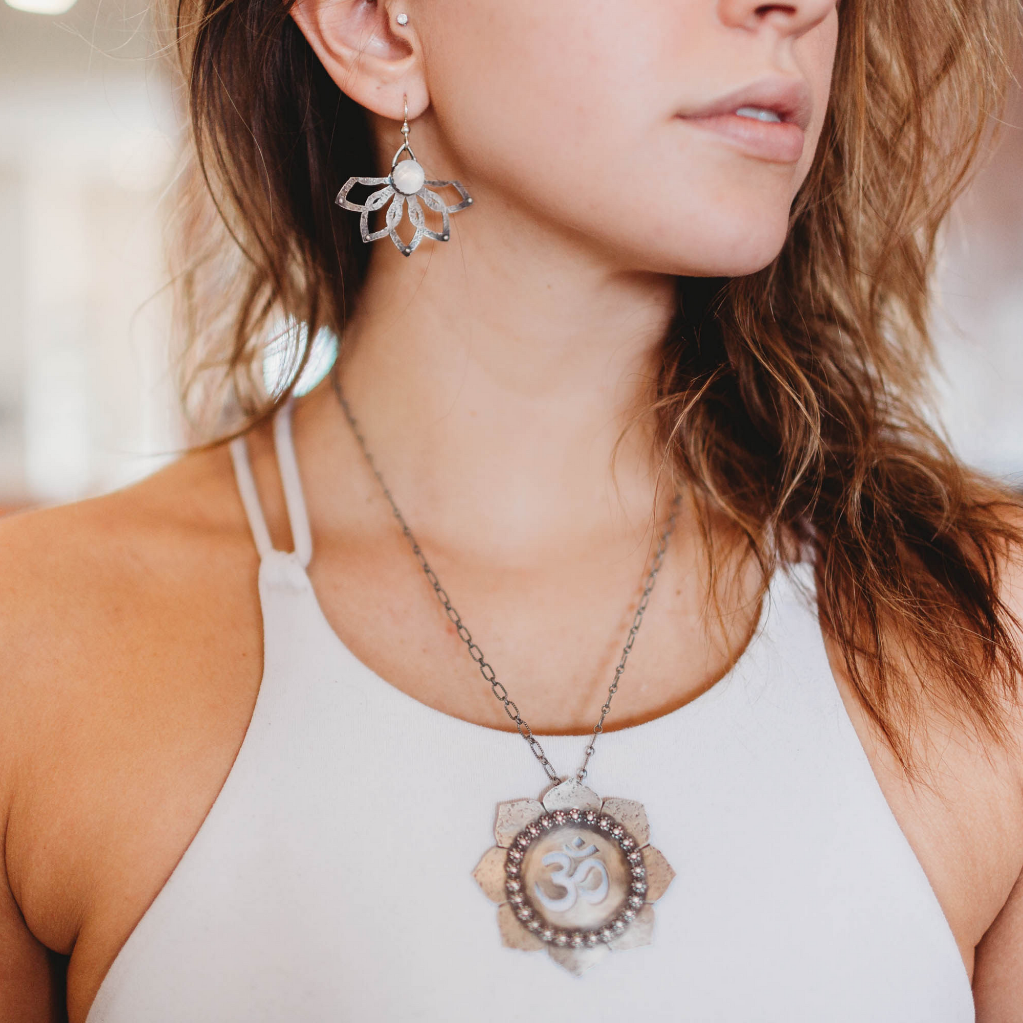 Lotus Necklace with Om Ohm Design and Lotus Earrings with a Moonstone in Yoga Collection