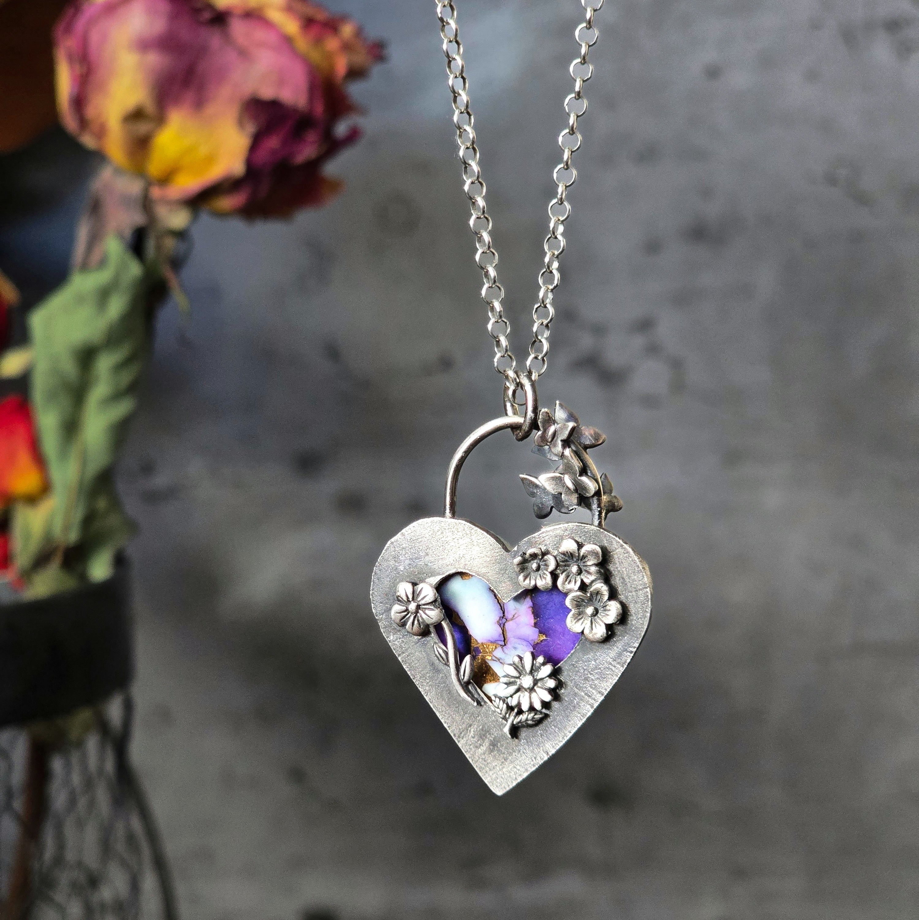 One of a Kind Reversible Purple Dahlia Heart Necklace