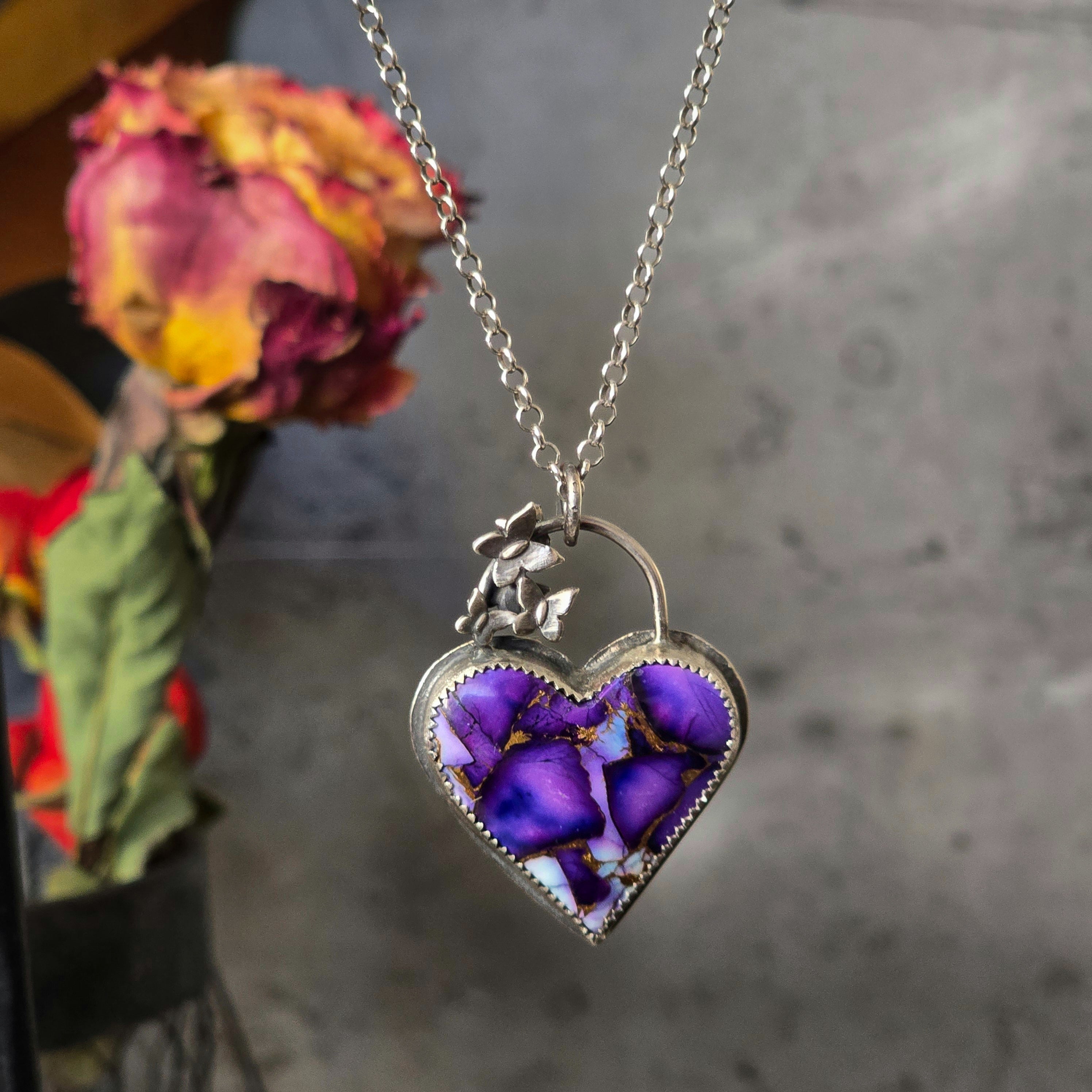 One of a Kind Reversible Purple Dahlia Heart Necklace