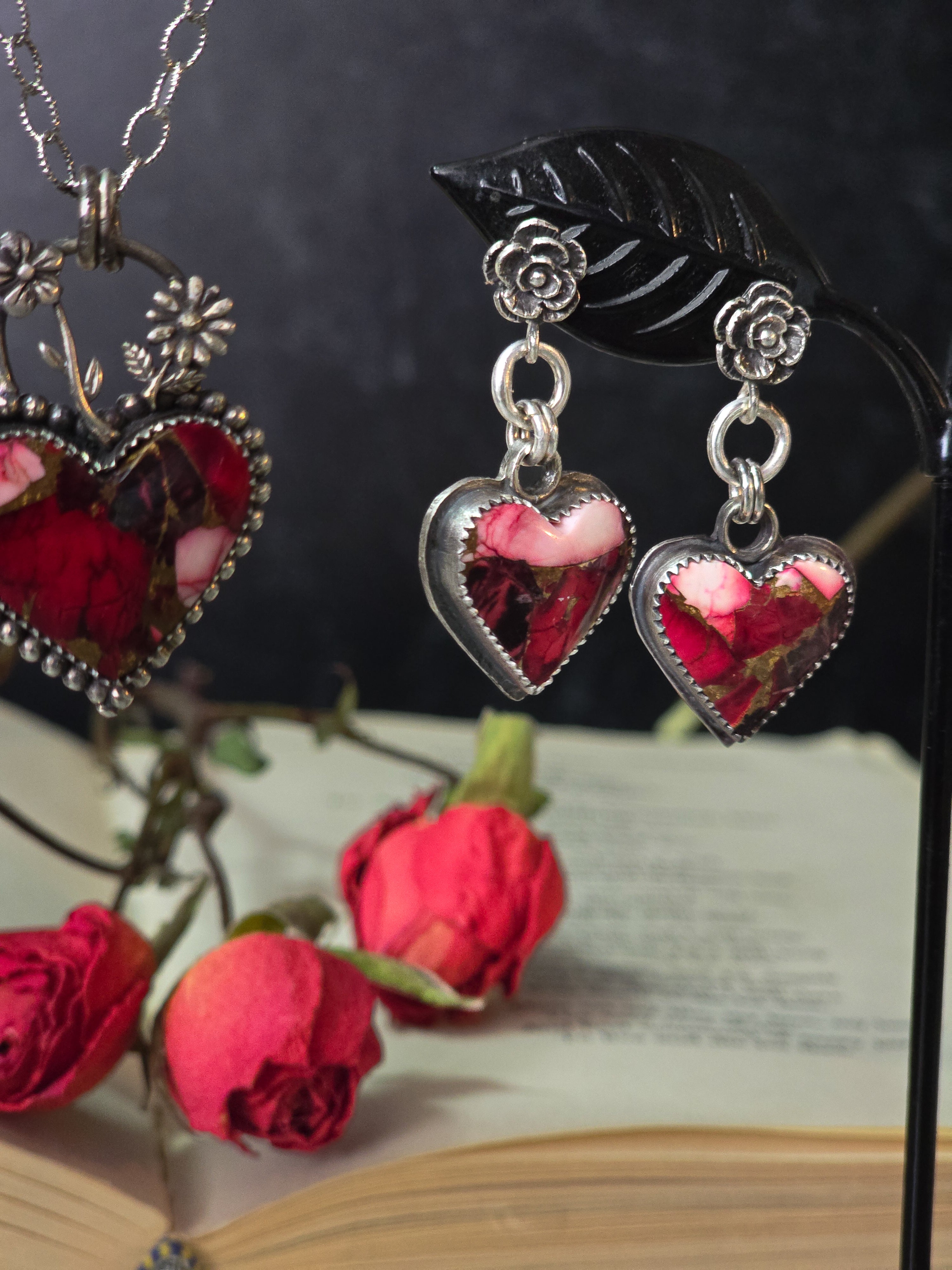 One of a Kind Rose Stud Earrings with Red Dahlia Hearts