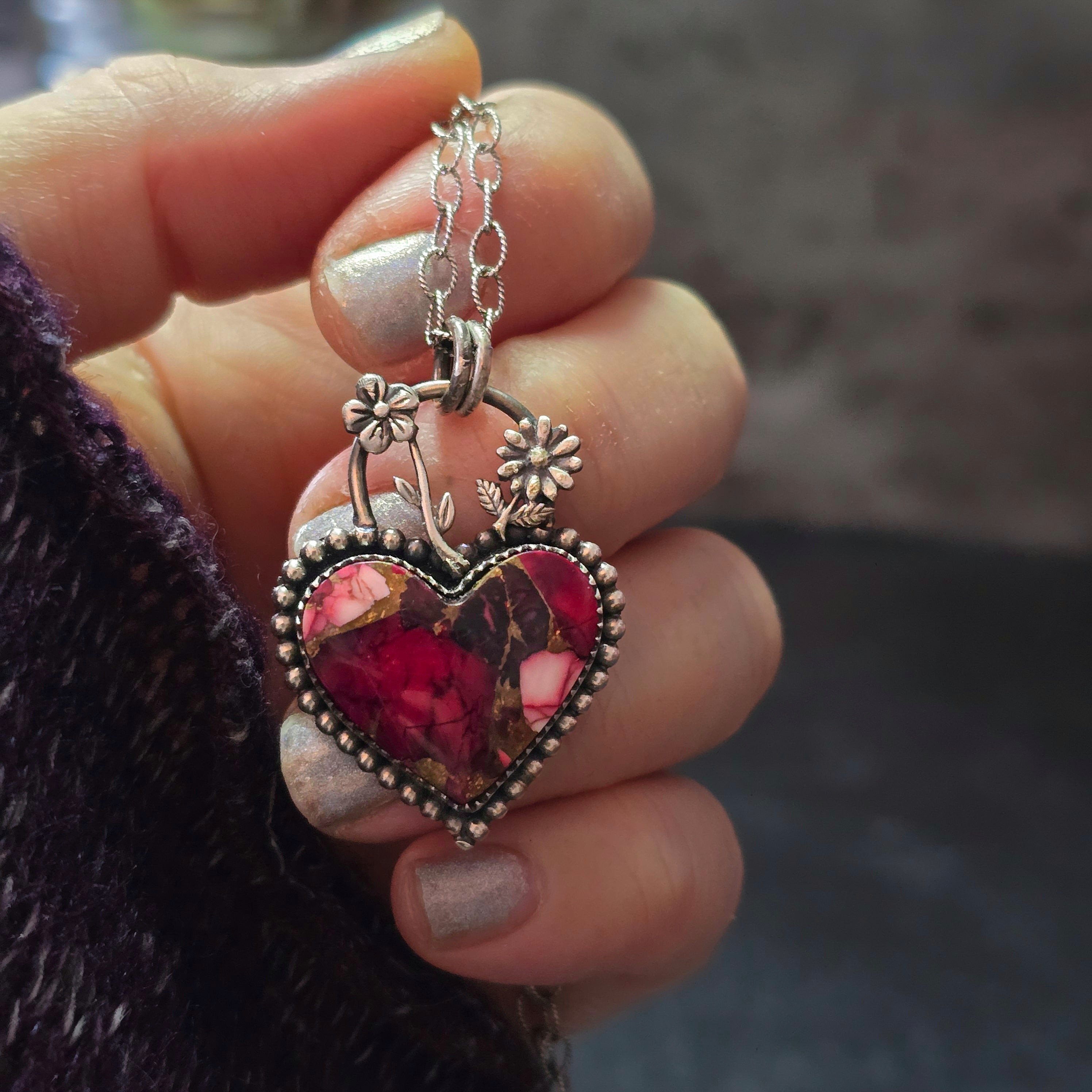 One of a Kind Red Dahlia Heart Necklace