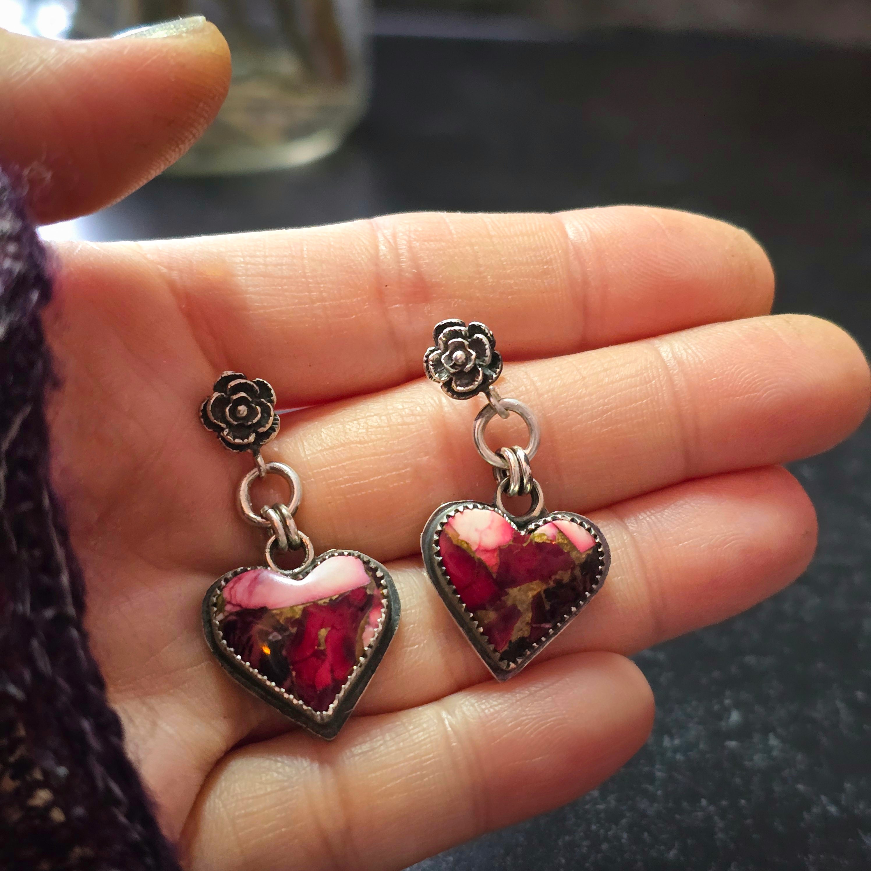 One of a Kind Rose Stud Earrings with Red Dahlia Hearts