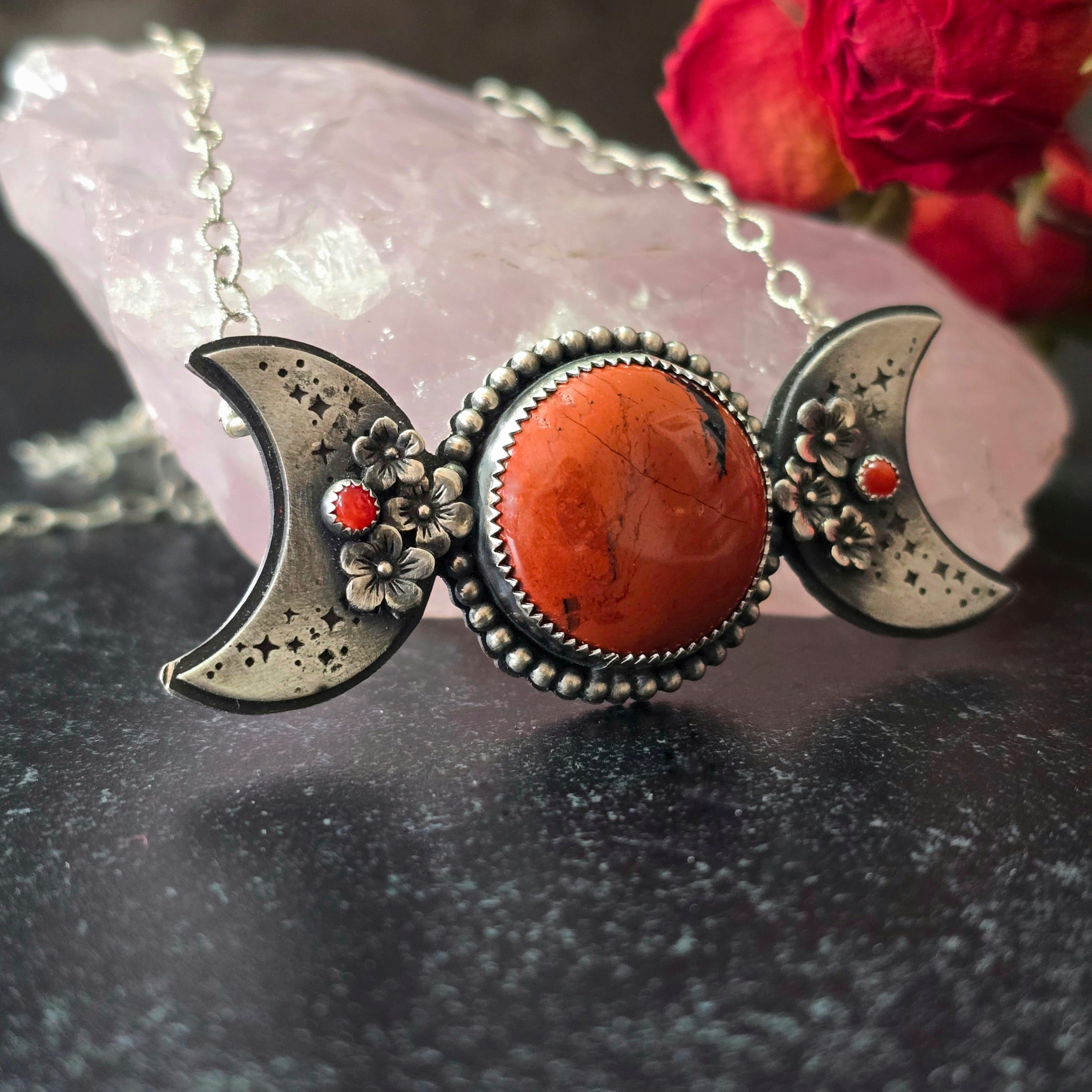 One of a Kind Red Jasper Triple Moon Goddess Necklace
