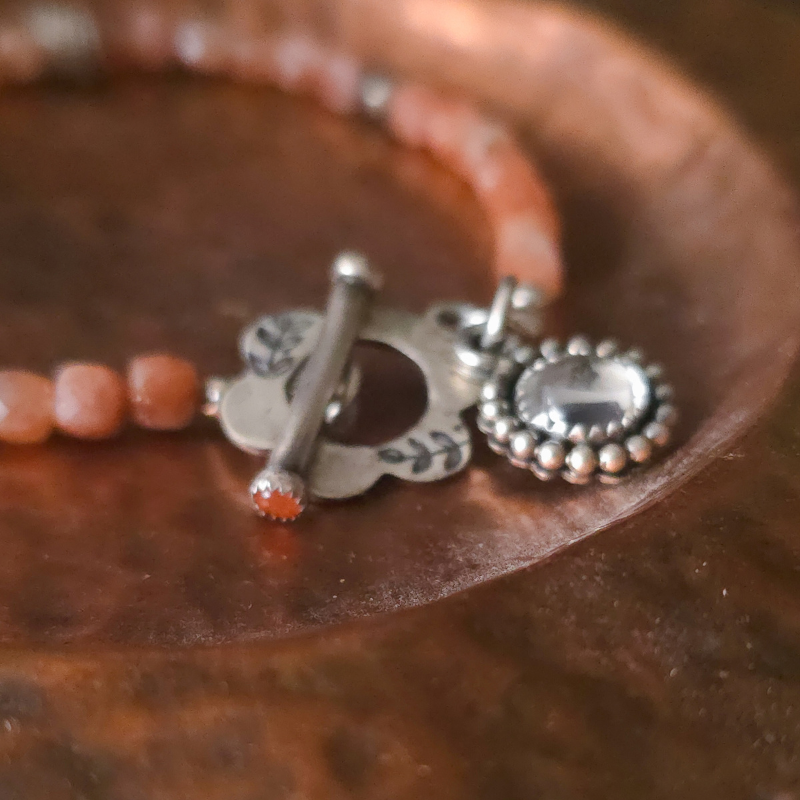 Sunstone Gemstone Bracelet with Sterling Silver Botanical Charm