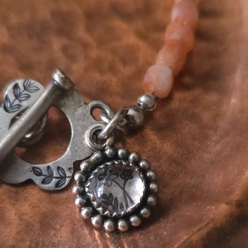Sunstone Gemstone Bracelet with Sterling Silver Botanical Charm