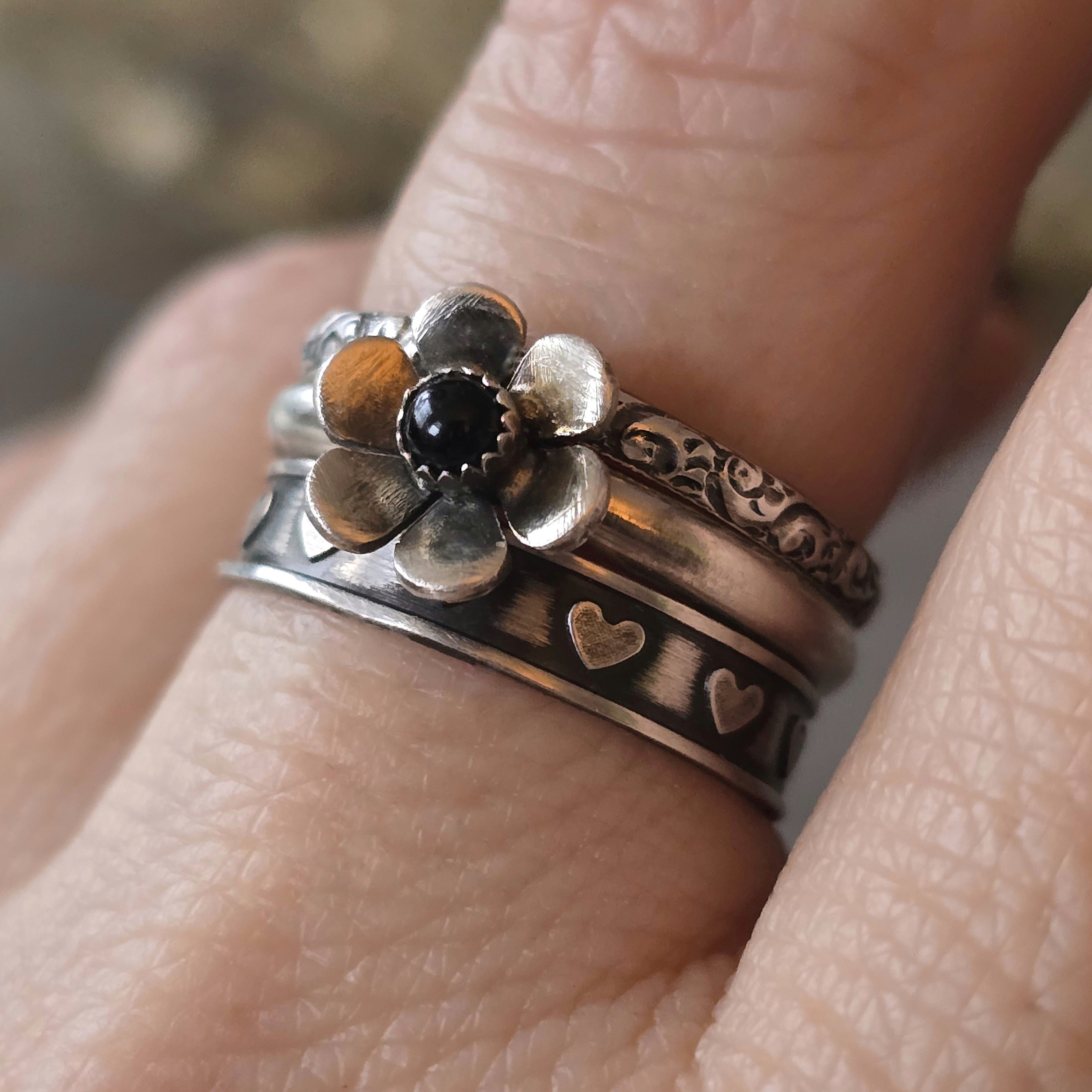 Gemstone Flower Ring with Black Onyx