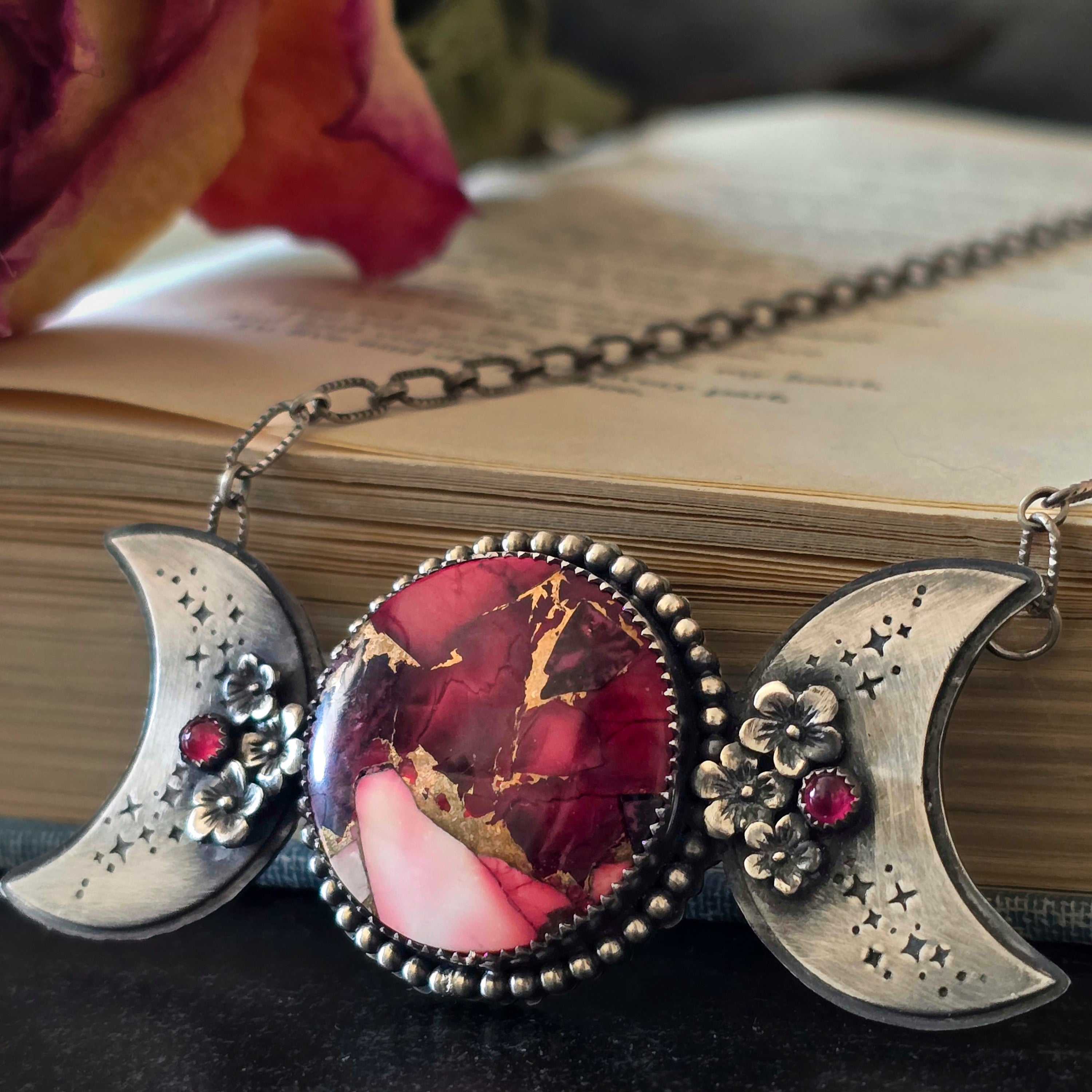One of a Kind Red Dahlia Triple Moon Goddess Necklace