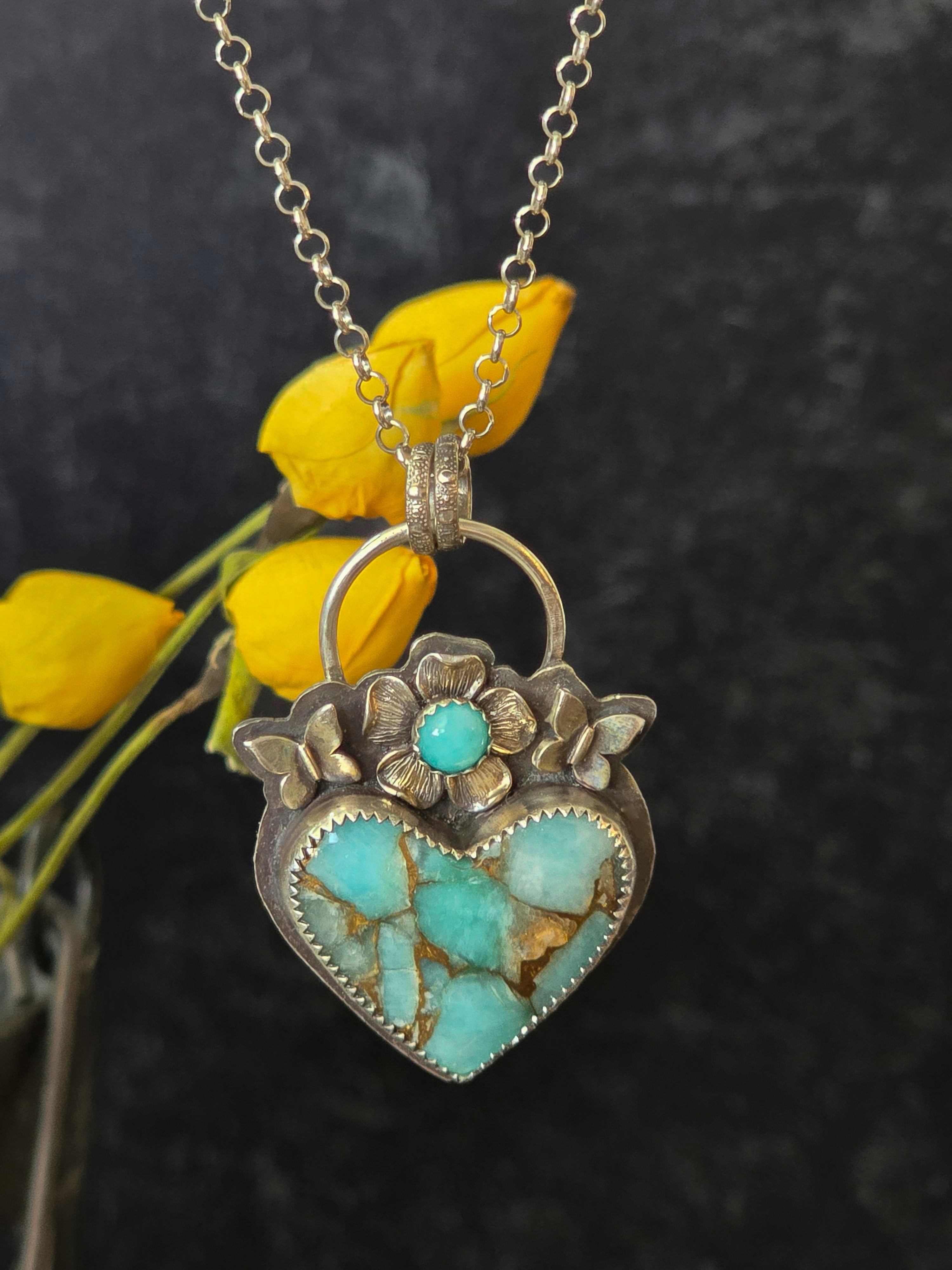 One of a Kind Amazonite & Bronze Heart Necklace