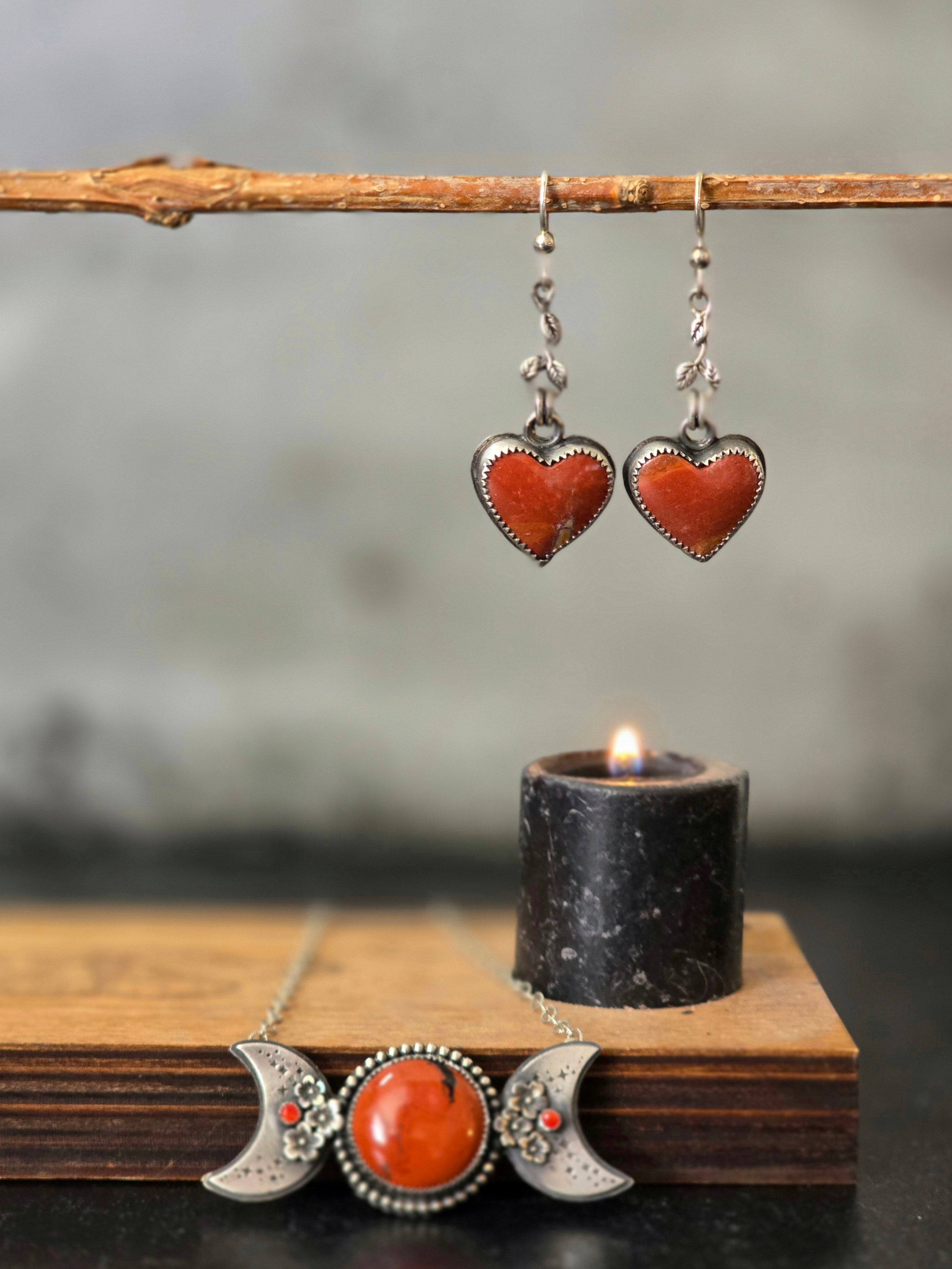 One of a Kind Red Jasper Heart Dangle Earrings
