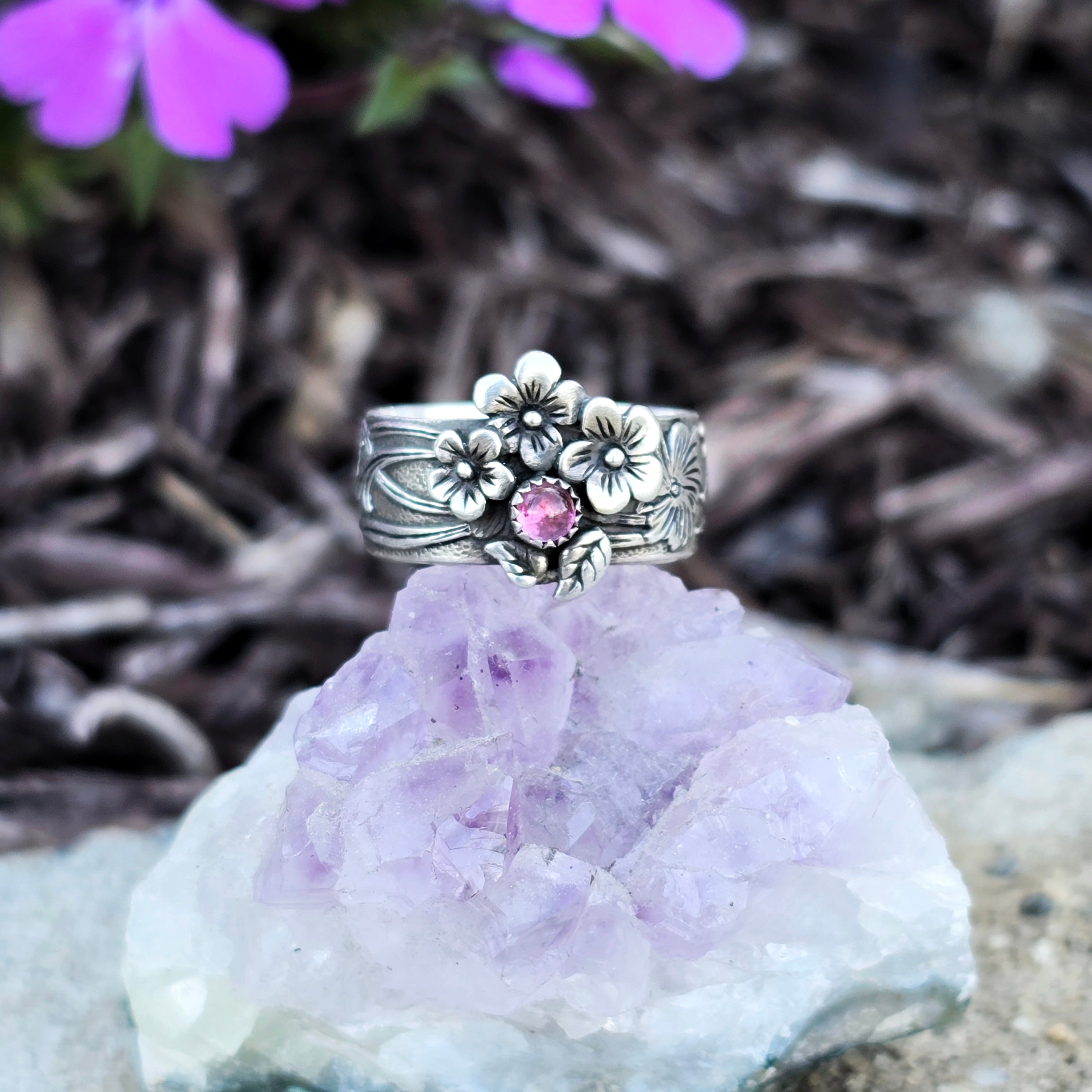 Sterling Silver Floral Ring with Pink Tourmaline