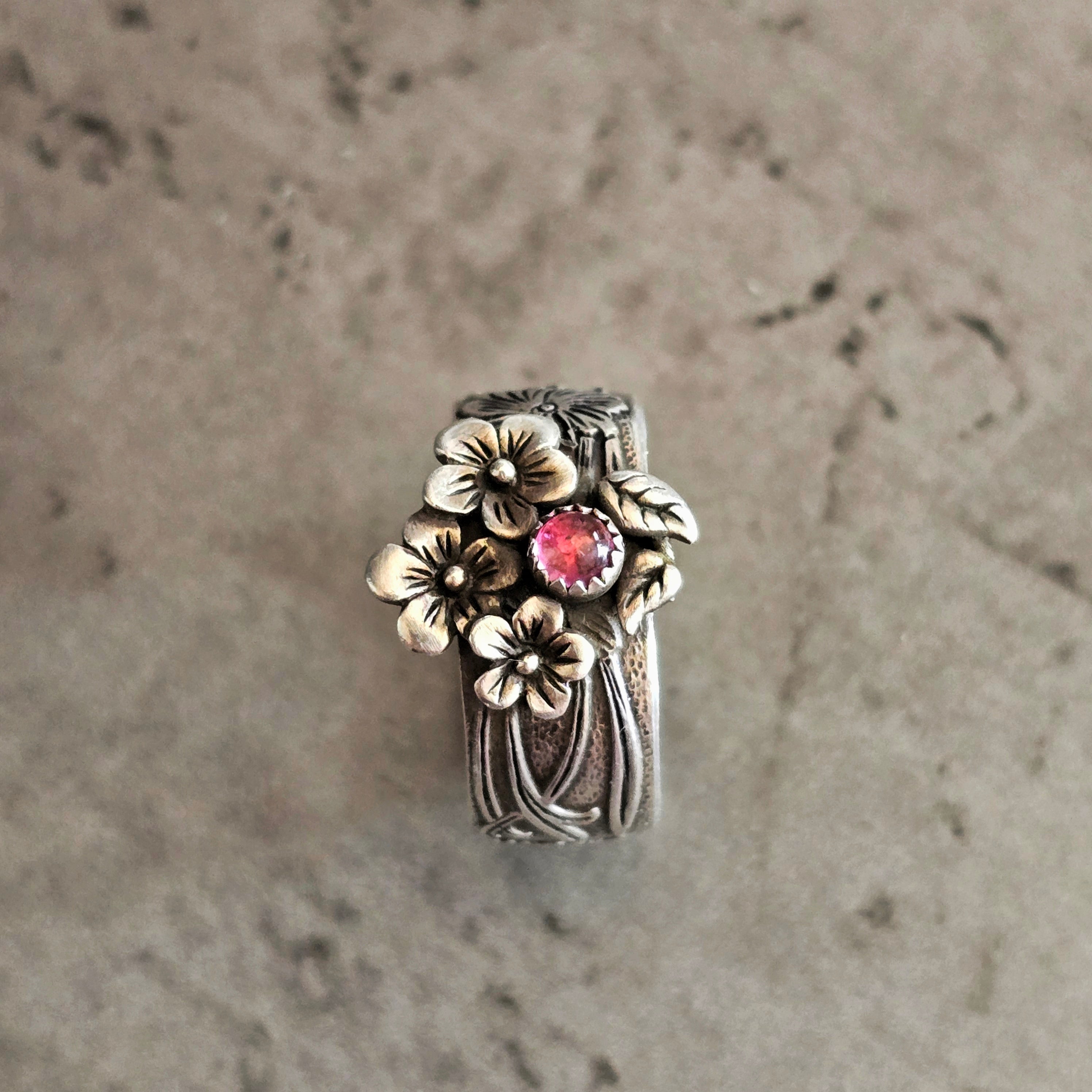 Sterling Silver Floral Ring with Pink Tourmaline
