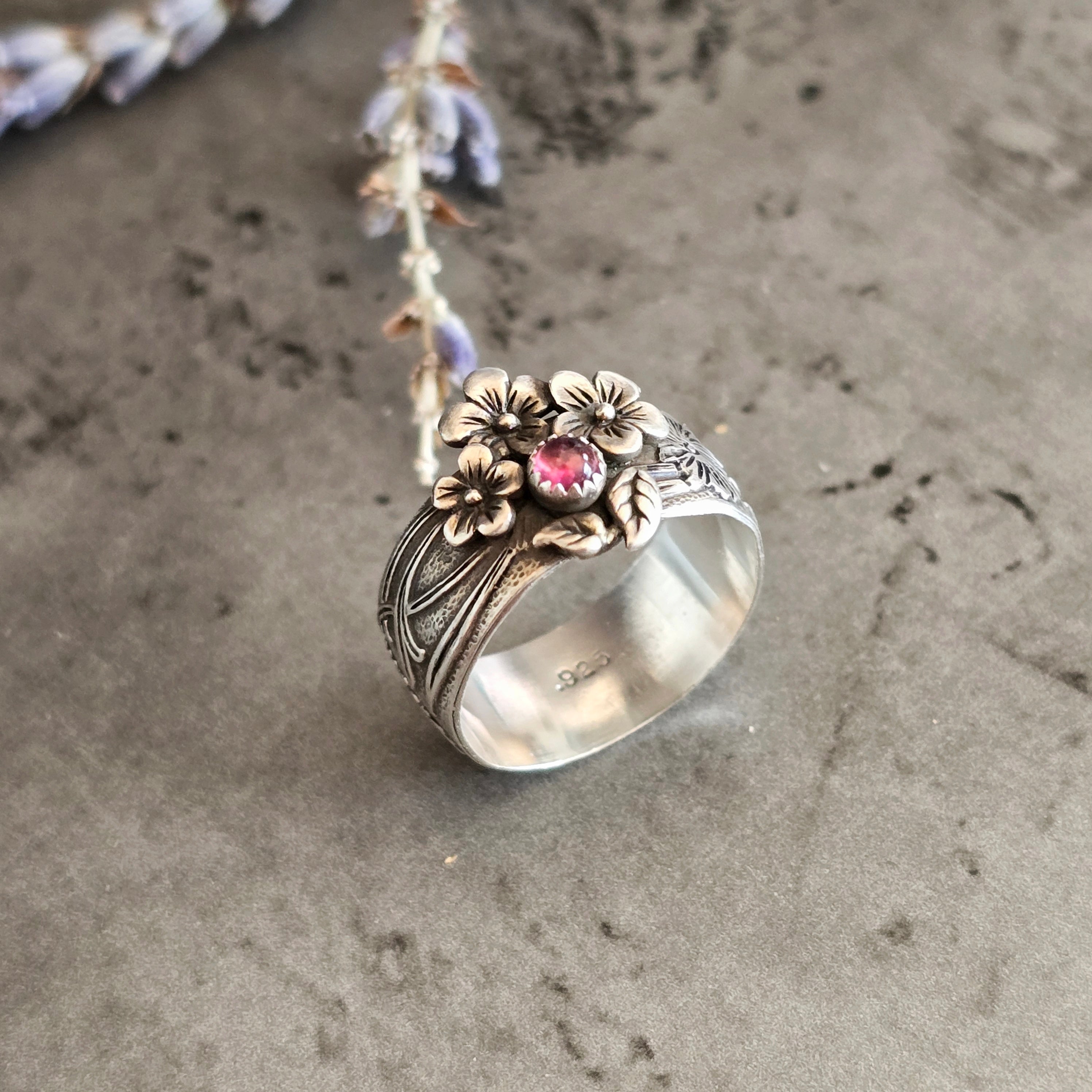 Sterling Silver Floral Ring with Pink Tourmaline