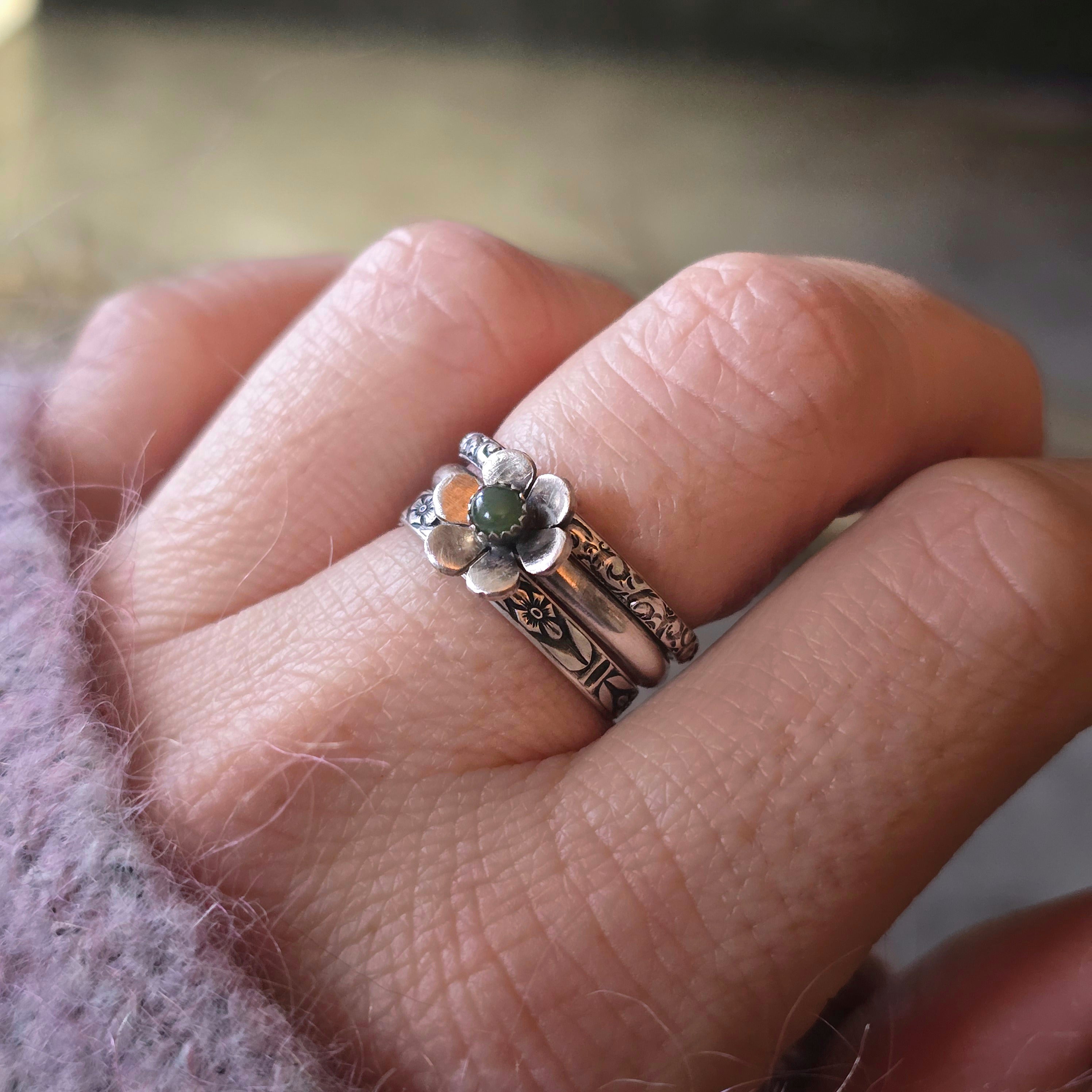 Gemstone Flower Ring with Nephrite Jade