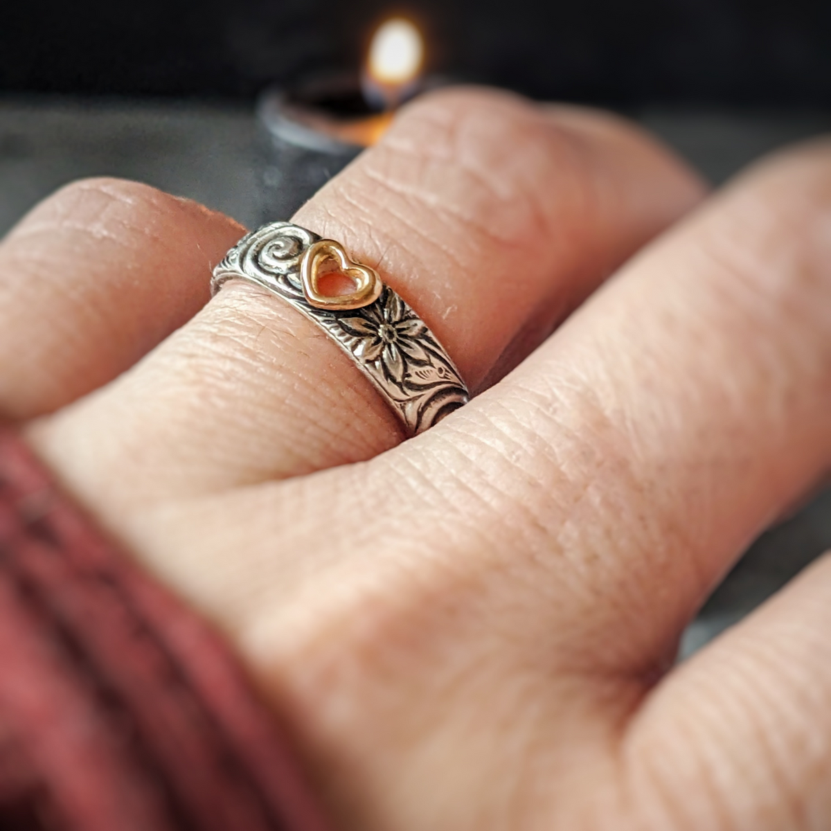 14K Gold Heart Ring on a Sterling Silver Floral Band