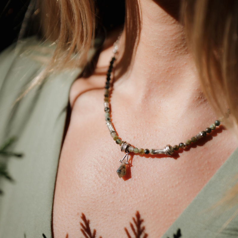 Green Tourmaline Beaded Necklace | Sterling Silver