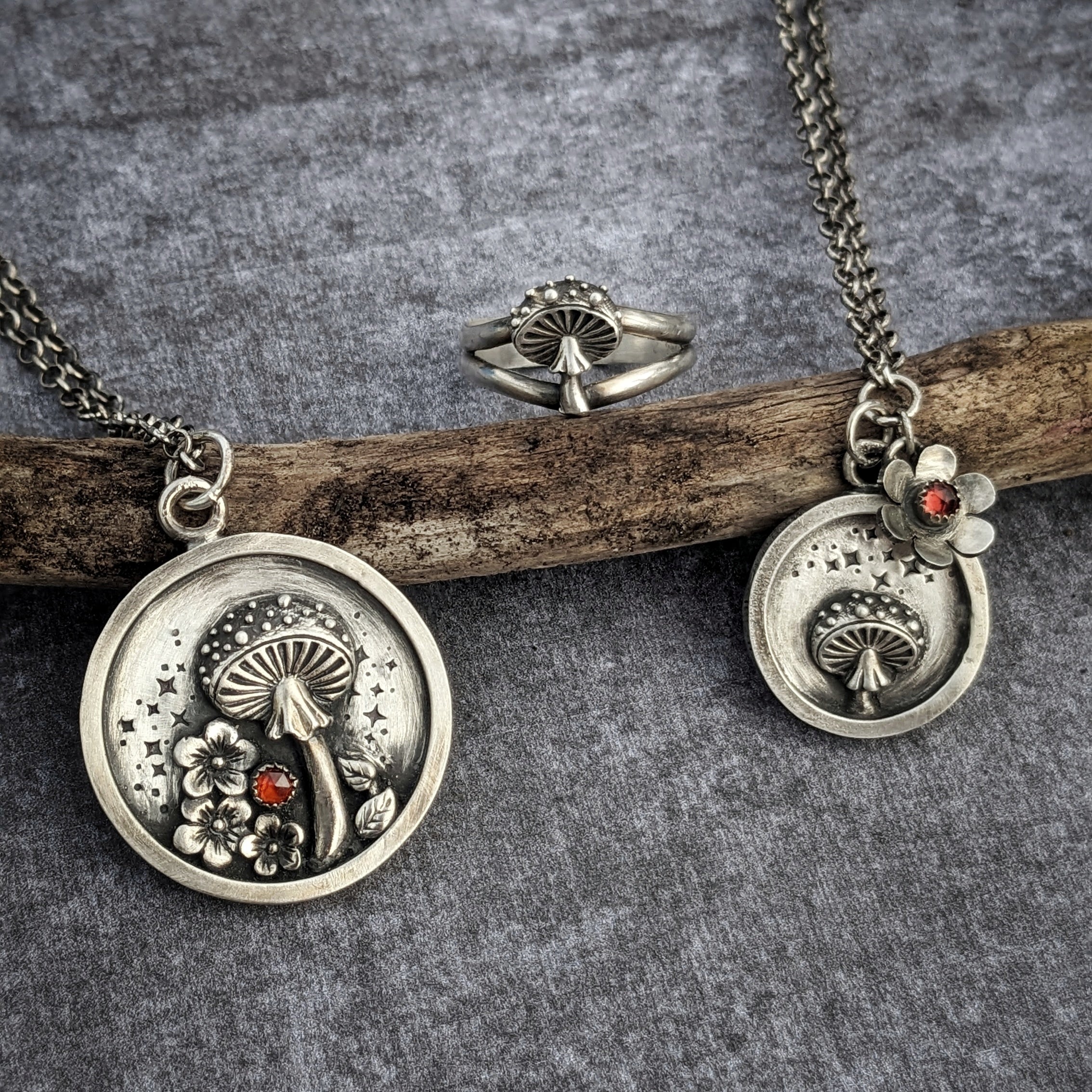 Small Mushroom Pendant with Garnet Flower Charm