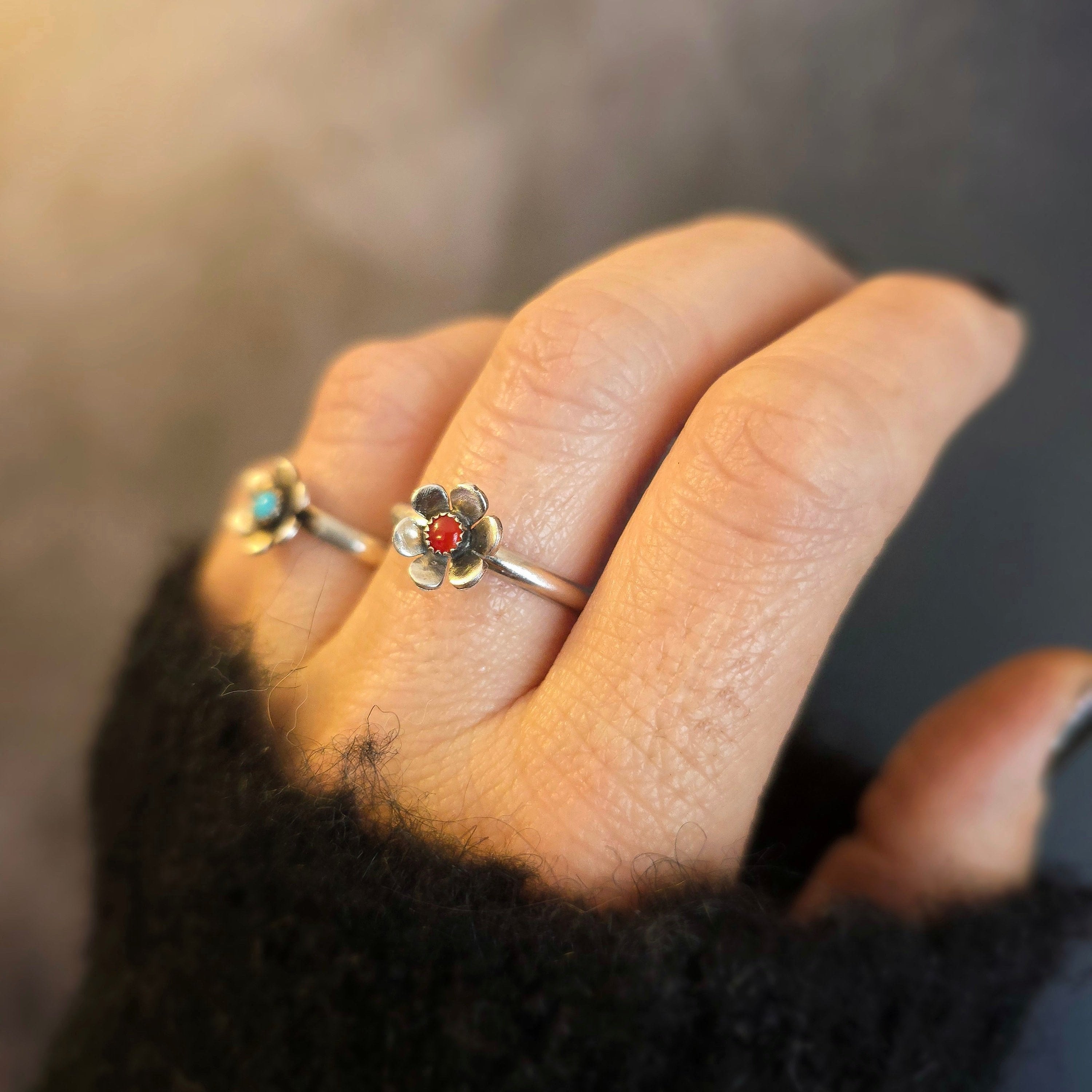 Gemstone Flower Ring with Coral