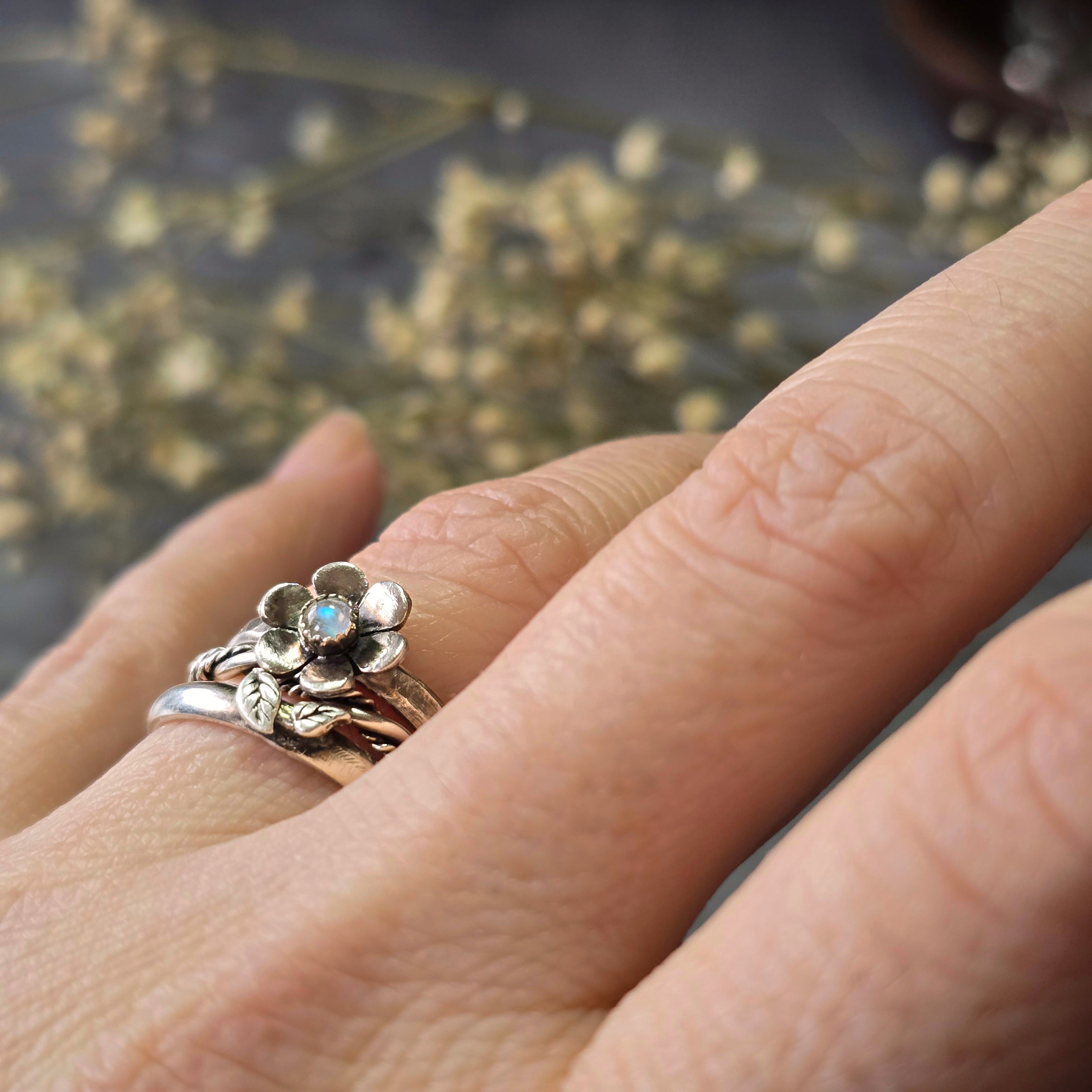 Gemstone Flower Ring with Rainbow Moonstone