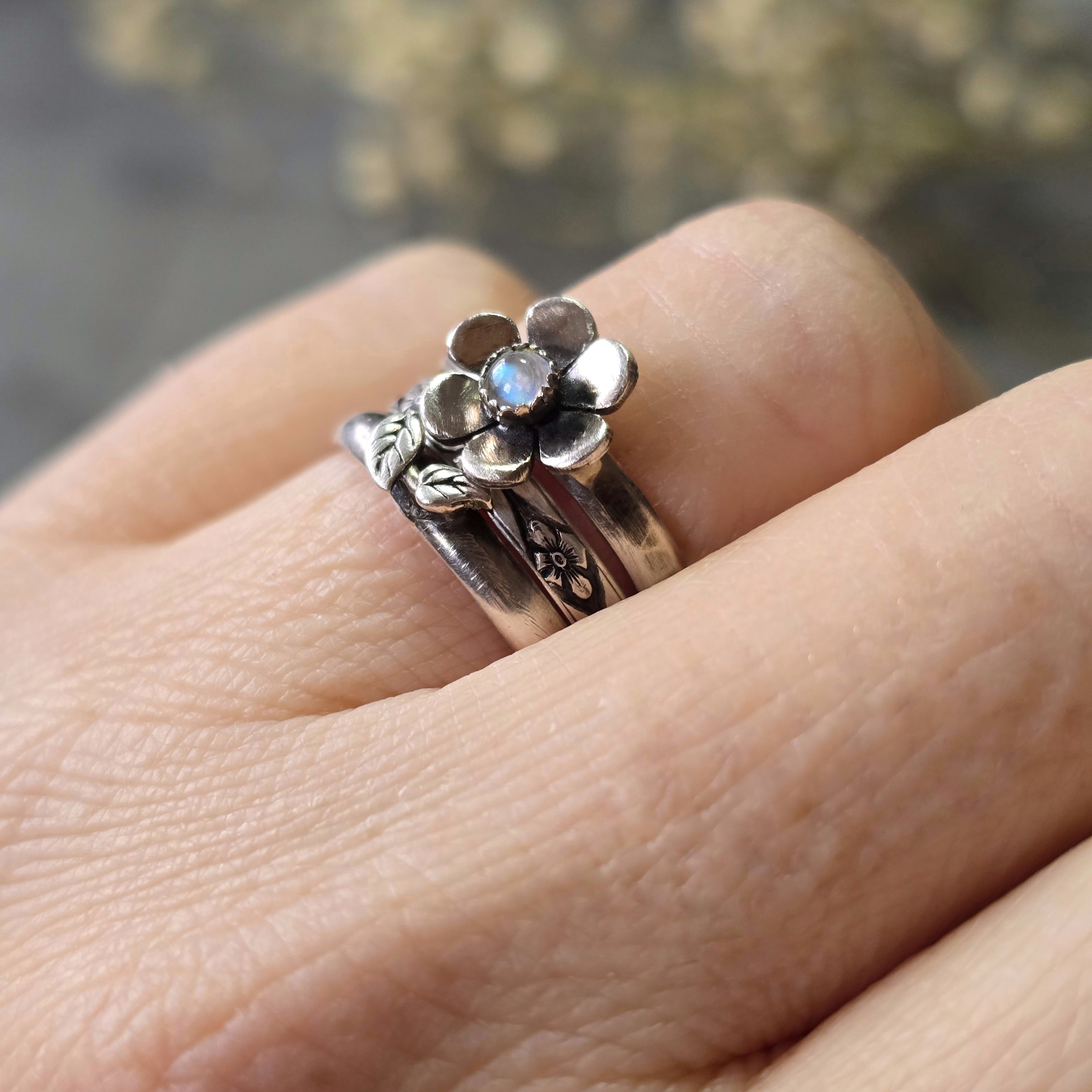 Gemstone Flower Ring with Rainbow Moonstone