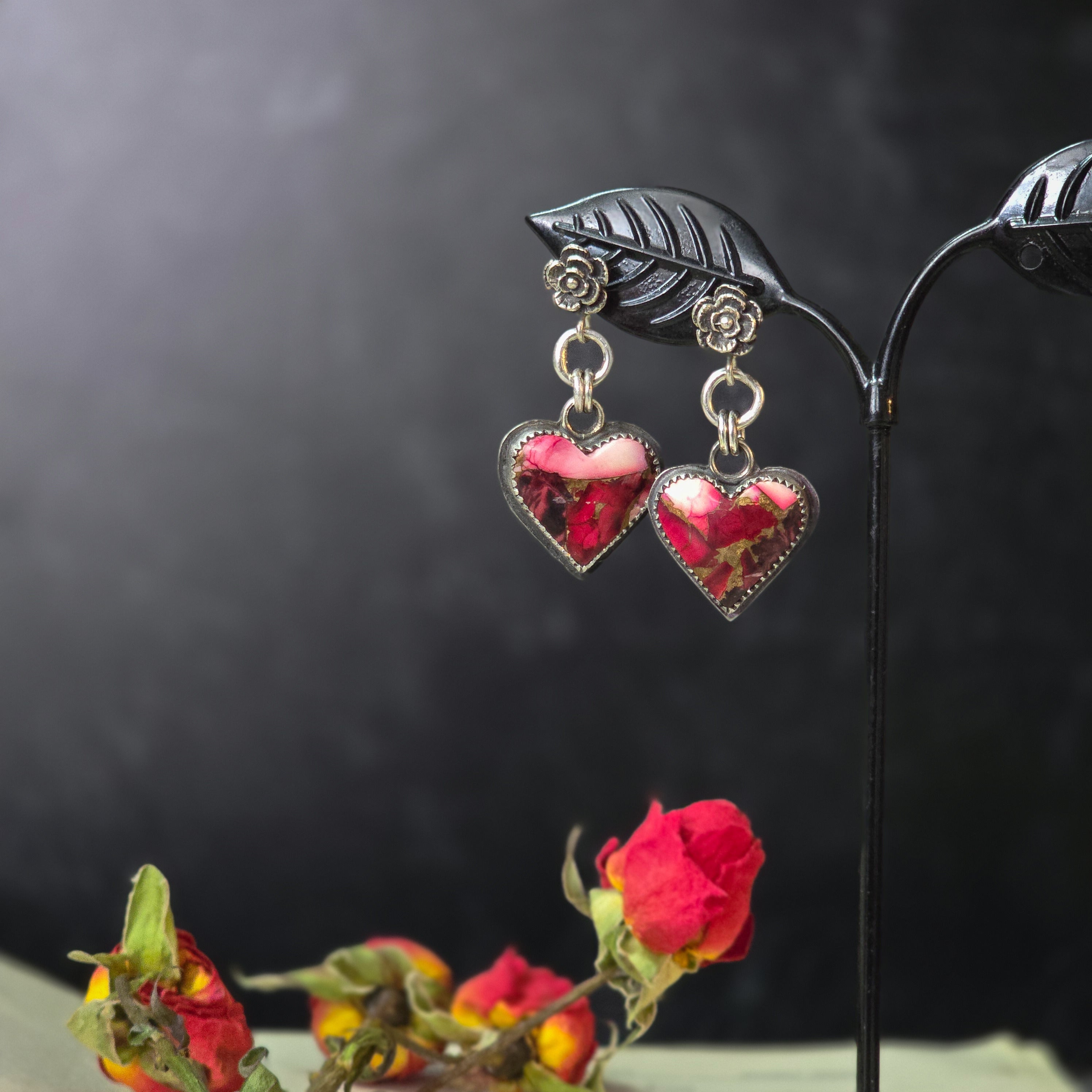 One of a Kind Rose Stud Earrings with Red Dahlia Hearts
