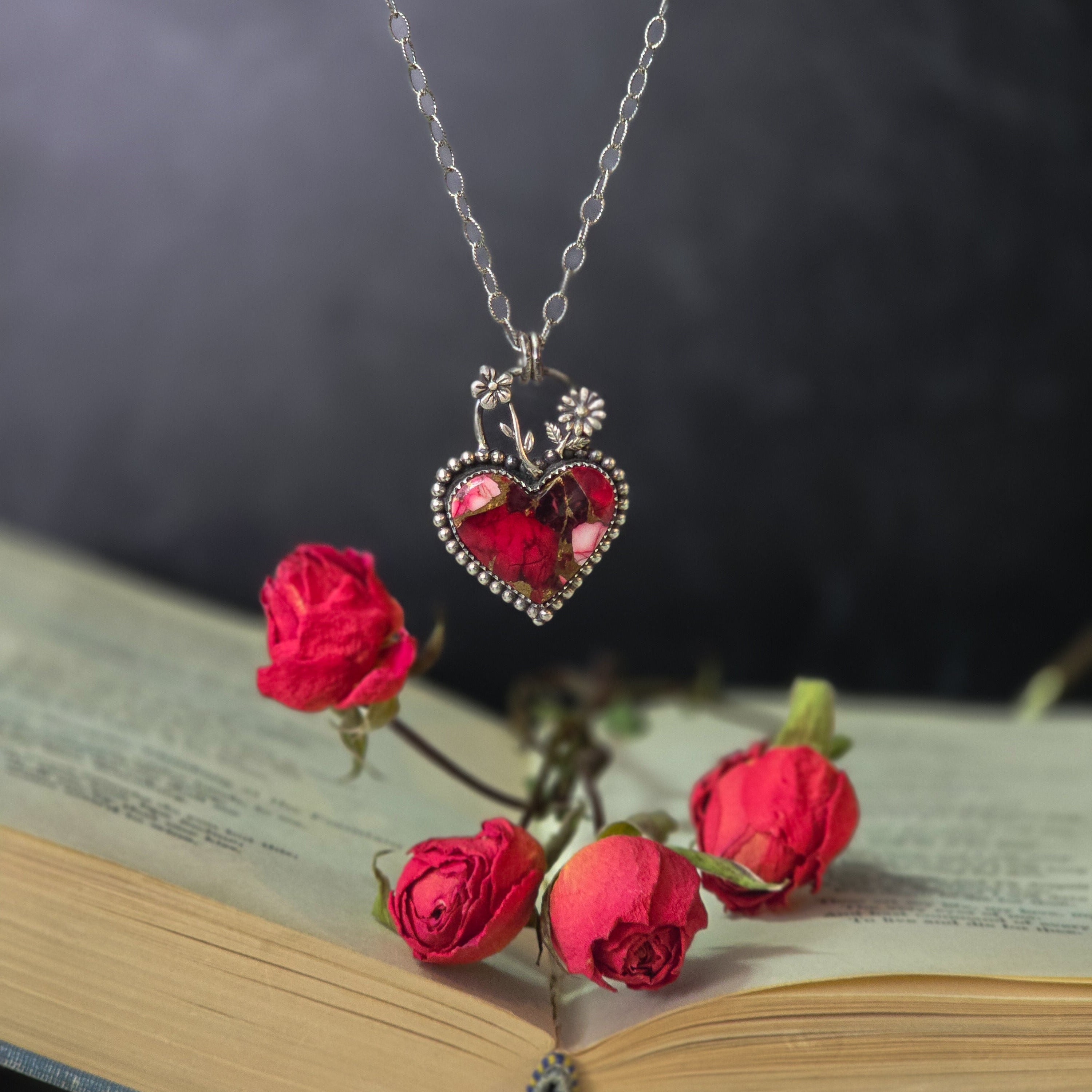 One of a Kind Red Dahlia Heart Necklace