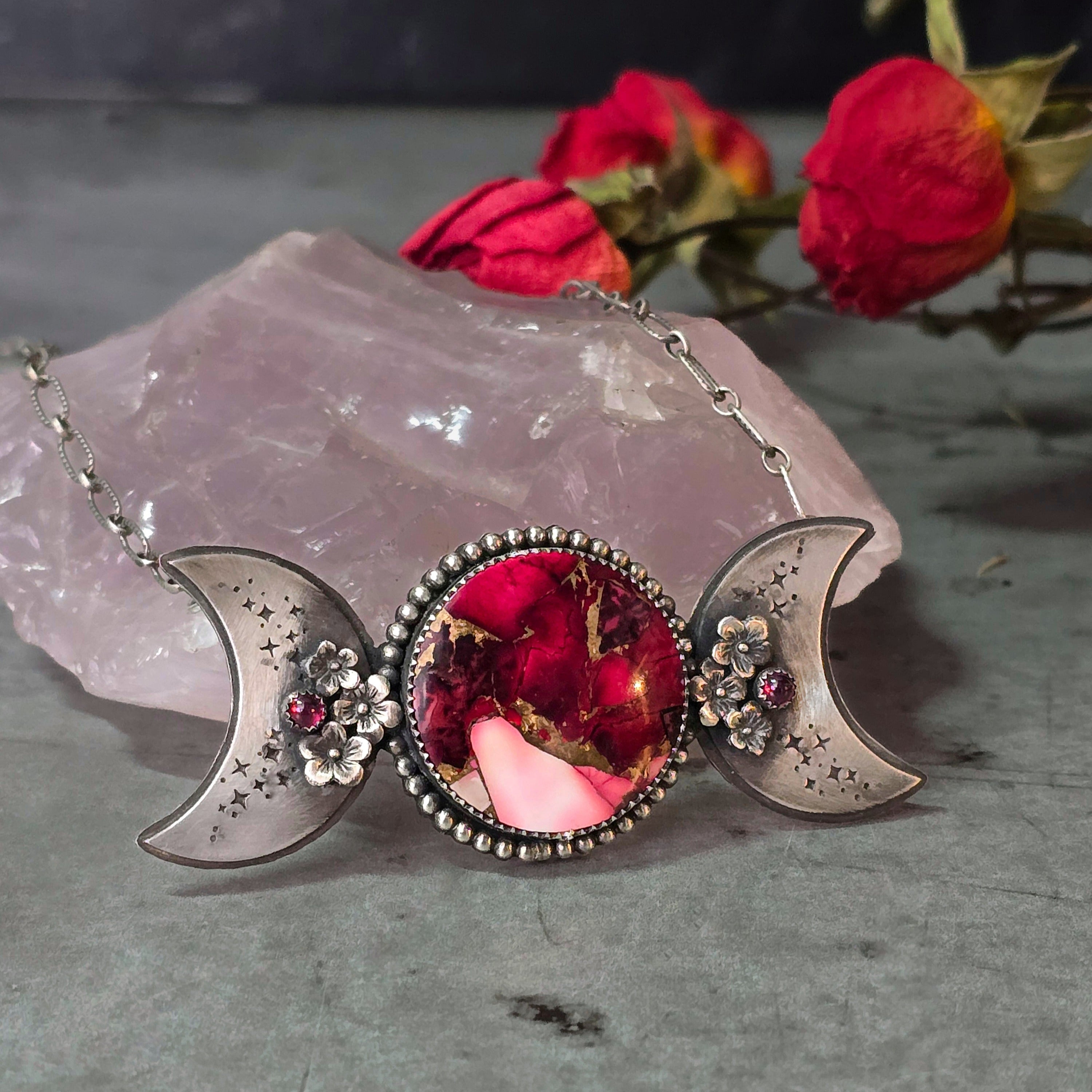 One of a Kind Red Dahlia Triple Moon Goddess Necklace