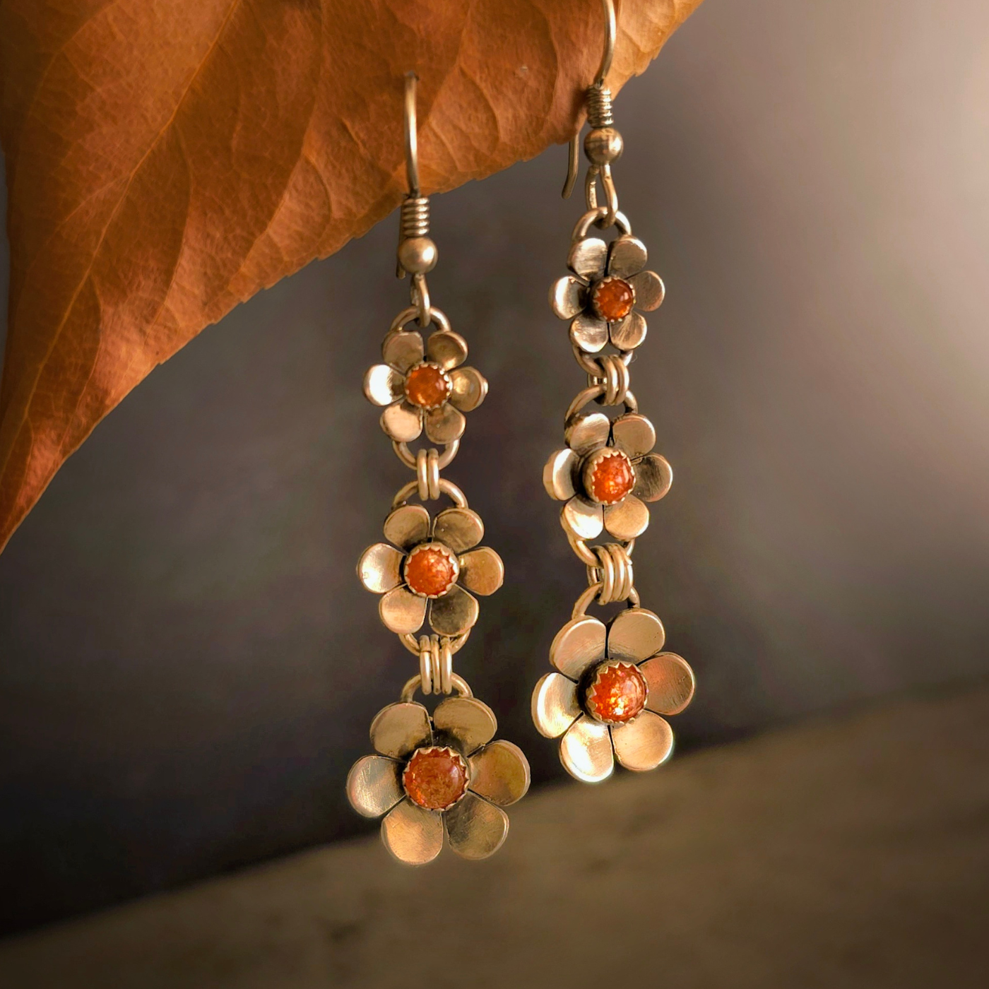 Triple Flower Earrings with Sunstone