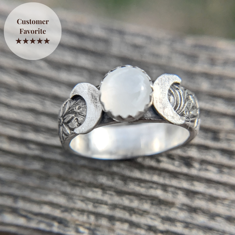 Sterling Silver Triple Moon Ring with Moonstone | Divine Feminine