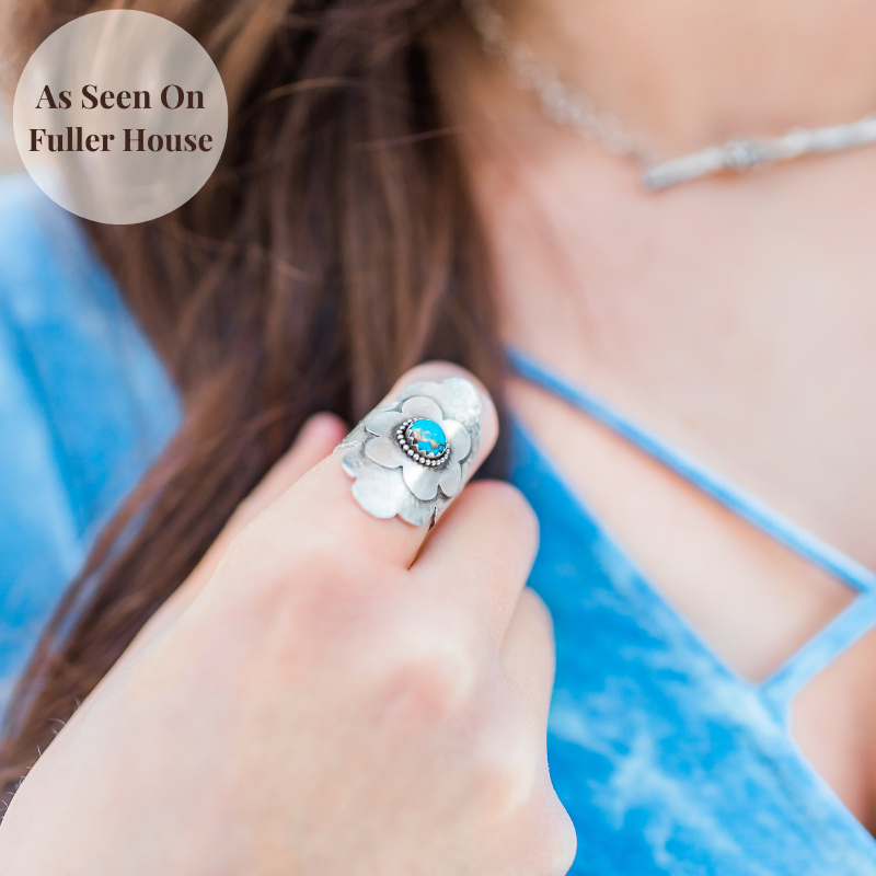 Turquoise Flower Statement Ring worn on a model