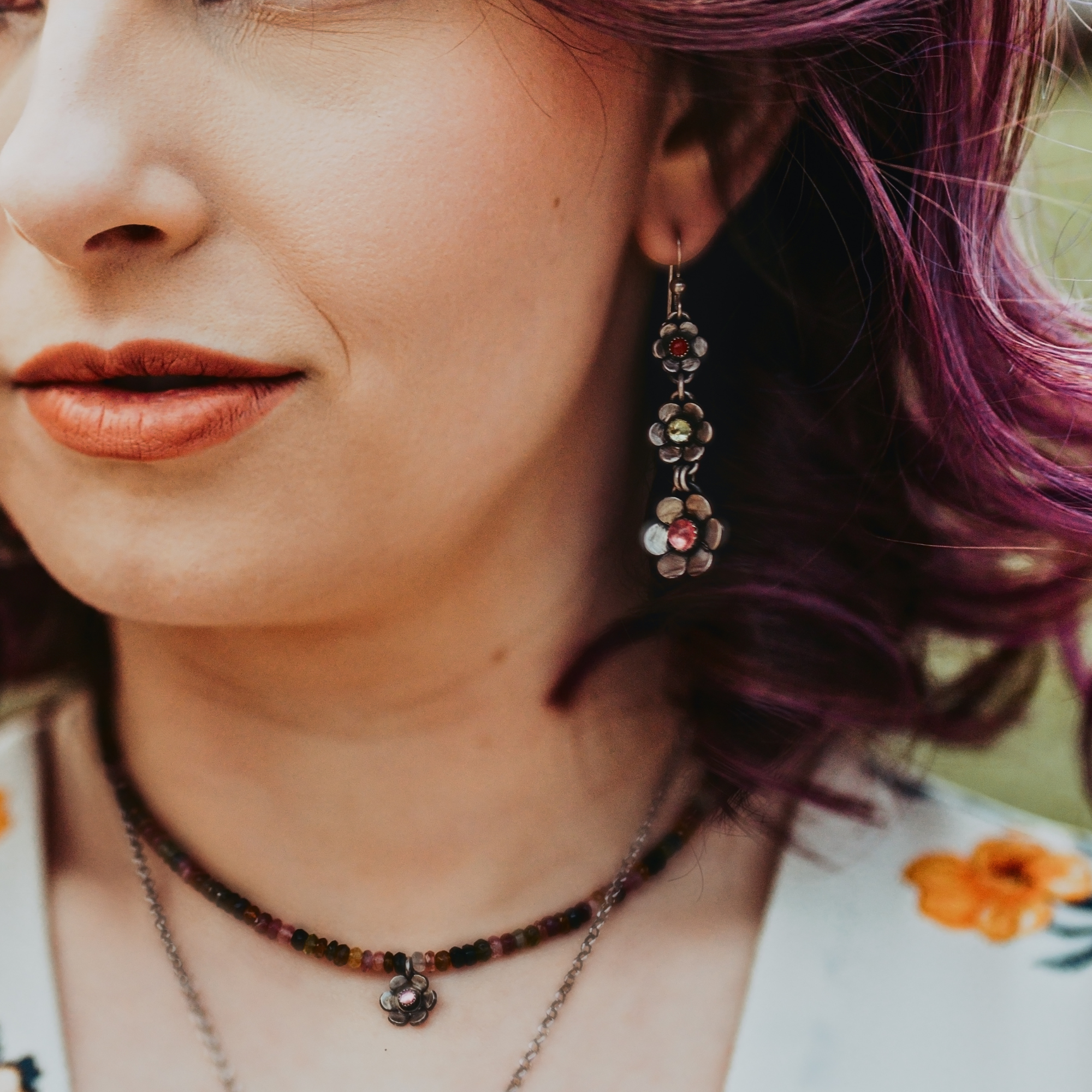 Triple Flower Dangle Earrings with Colorful Gemstones