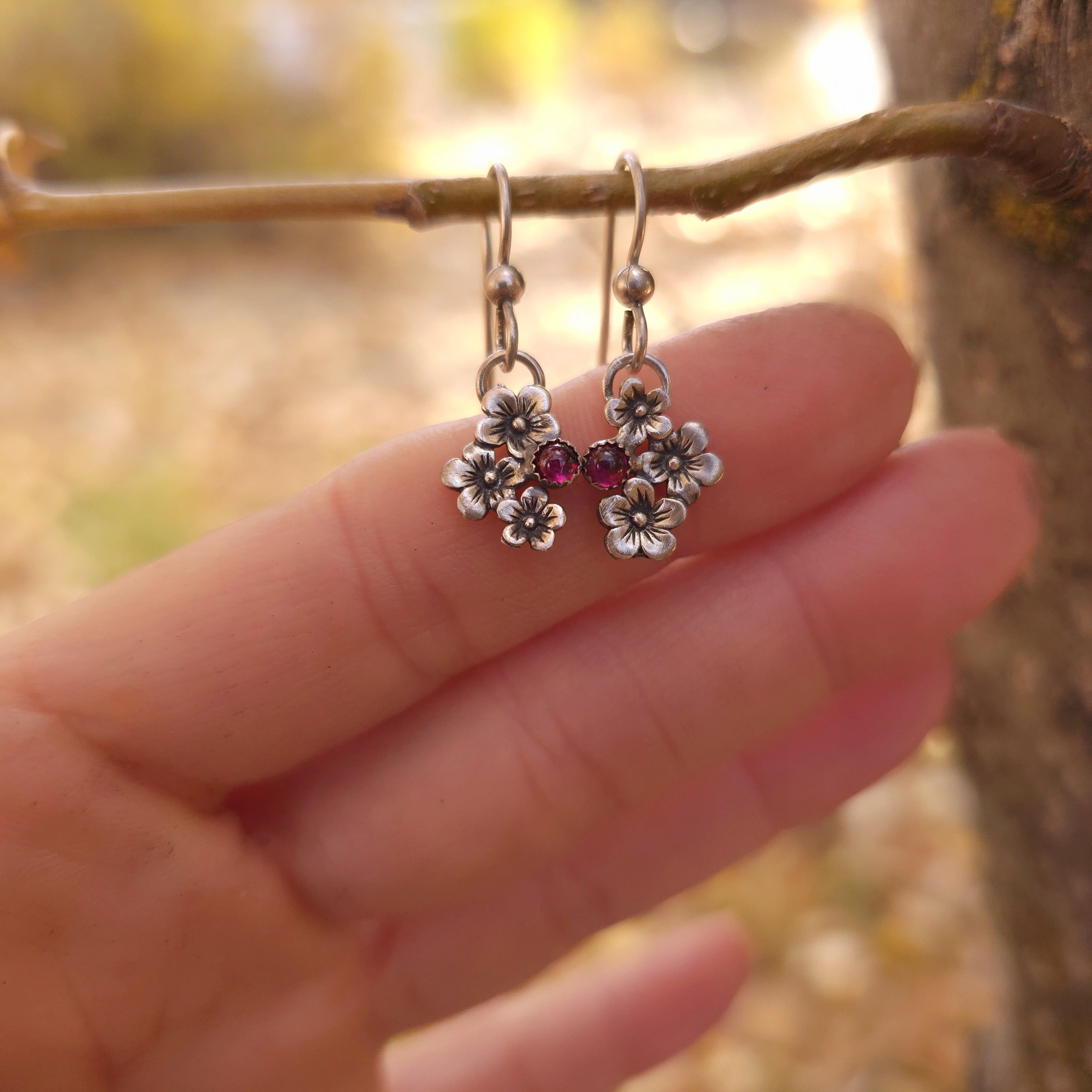 Dainty Cherry Blossom Earrings with Garnet