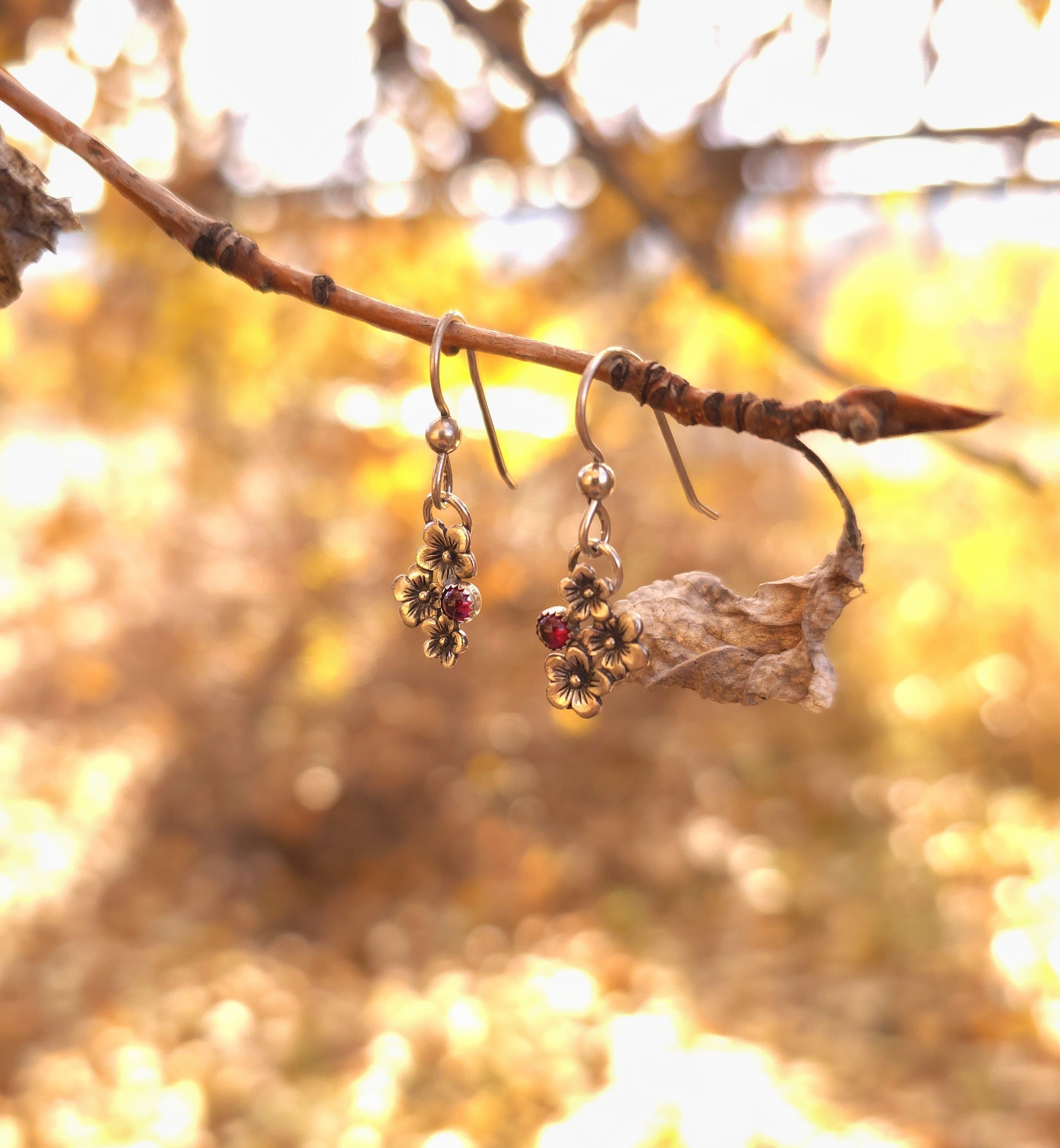 Dainty Cherry Blossom Earrings with Garnet