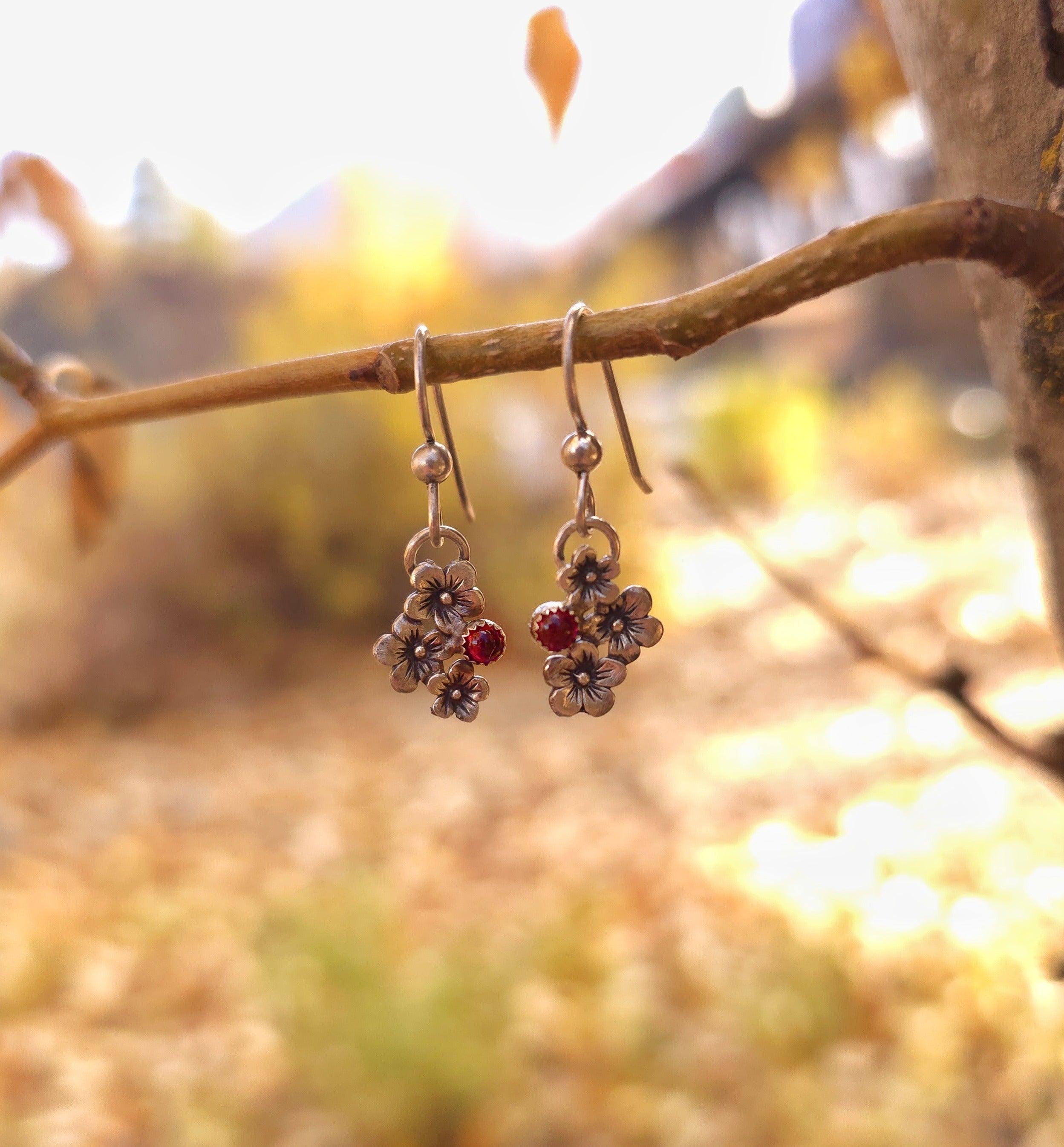 Dainty Cherry Blossom Earrings with Garnet