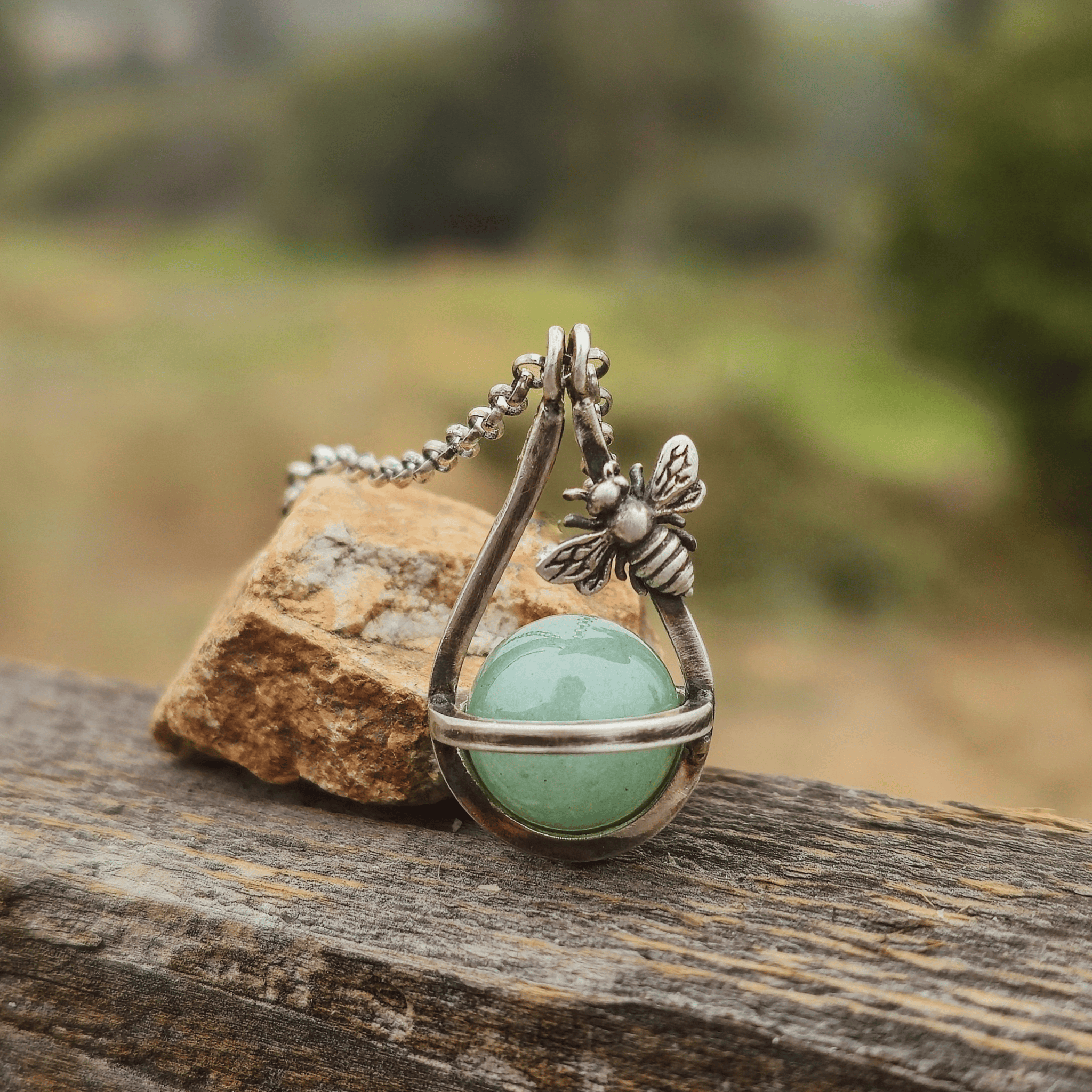 Custom sphere pendant with green aventurine and bee