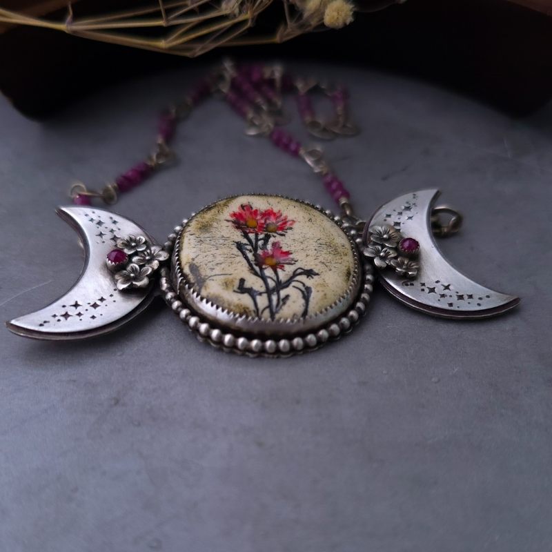 Triple Moon Goddess Necklace with Flowers and Rubies