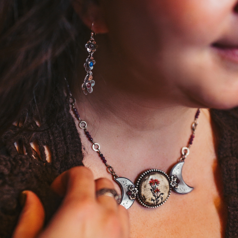 Triple Moon Goddess Necklace with Flowers and Rubies