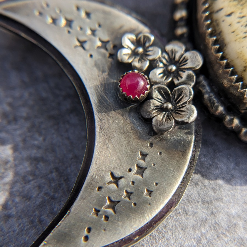Triple Moon Goddess Necklace with Flowers and Rubies