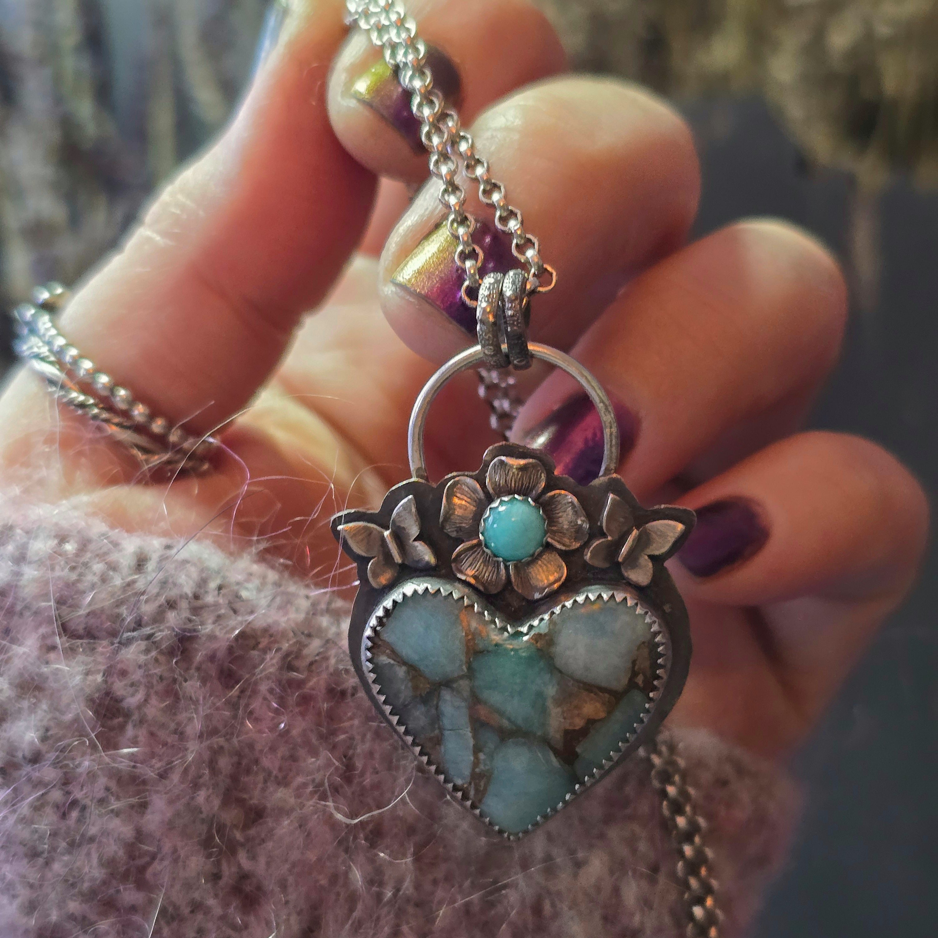 One of a Kind Amazonite & Bronze Heart Necklace
