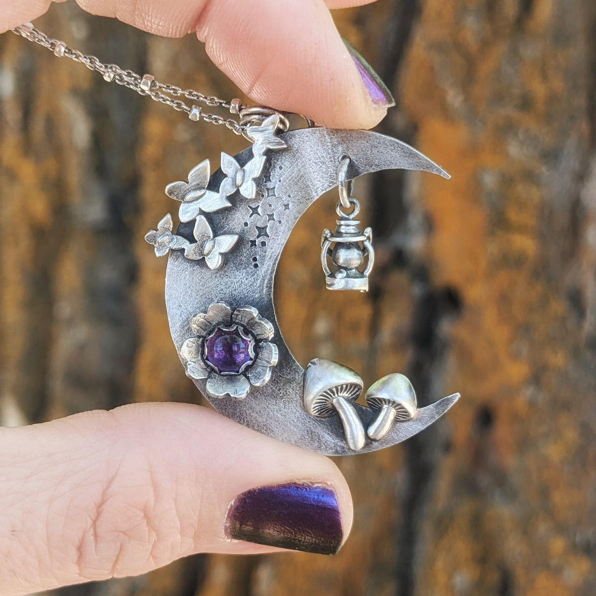Crescent Moon Necklace with Butterflies and Lantern