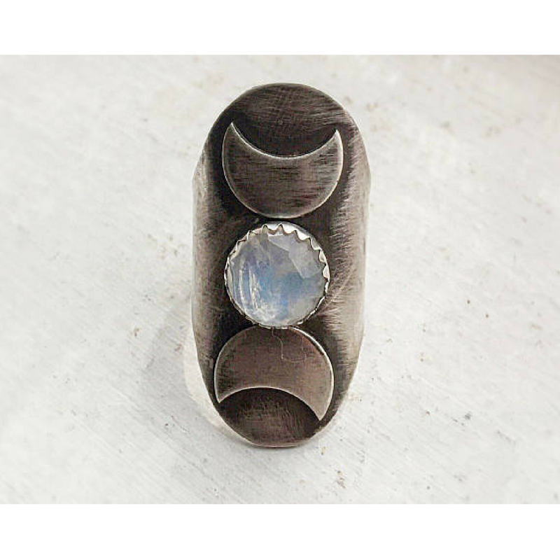 Triple Moon Goddess Ring with a Moonstone Moon phases front view