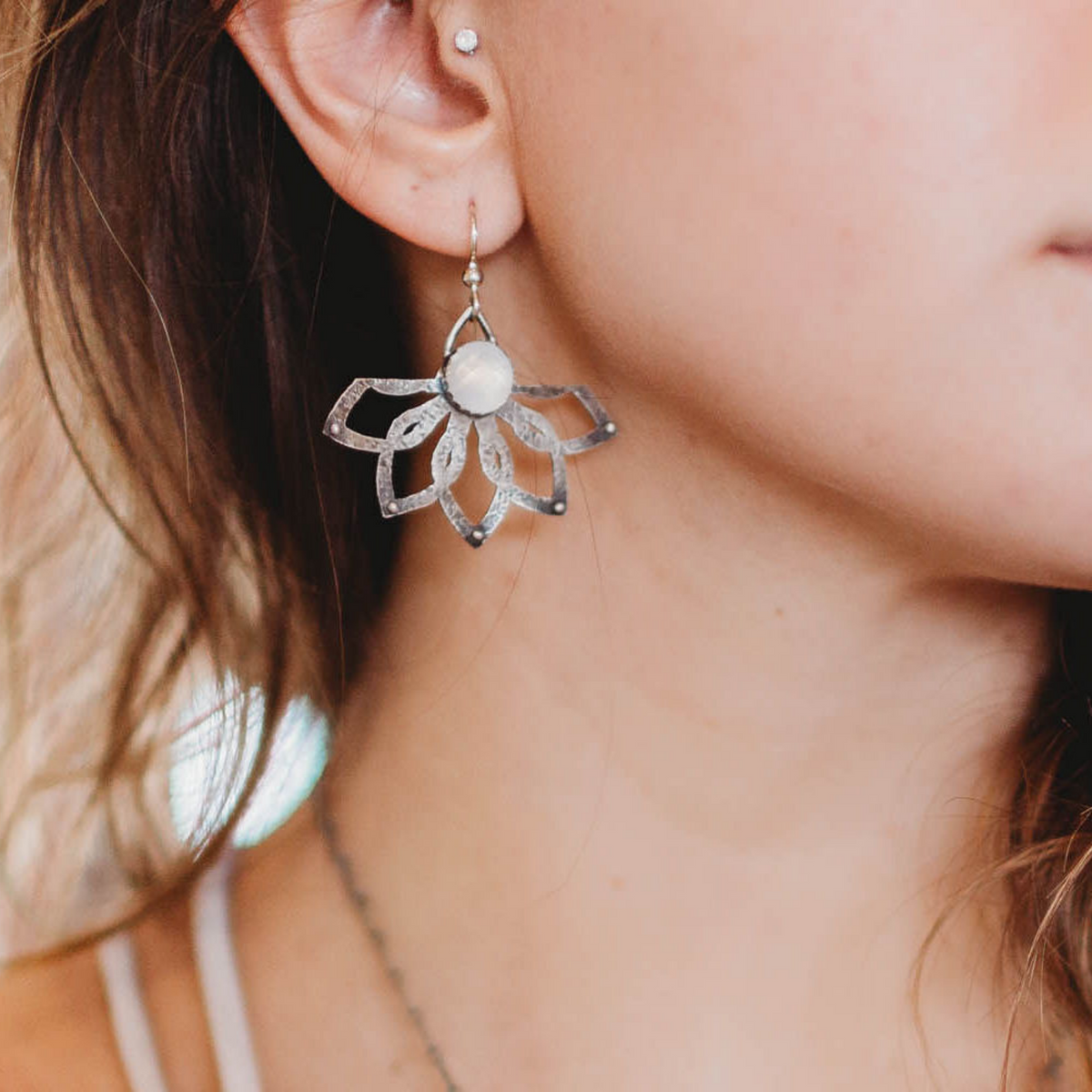 Sterling Silver Tribal Lotus Earrings with Moonstone