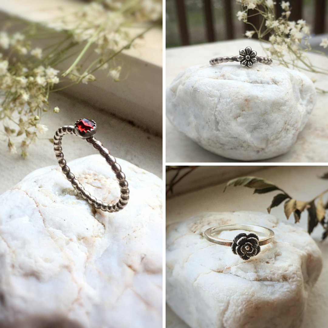 Silver Stacking Ring Set with Flowers & Garnet