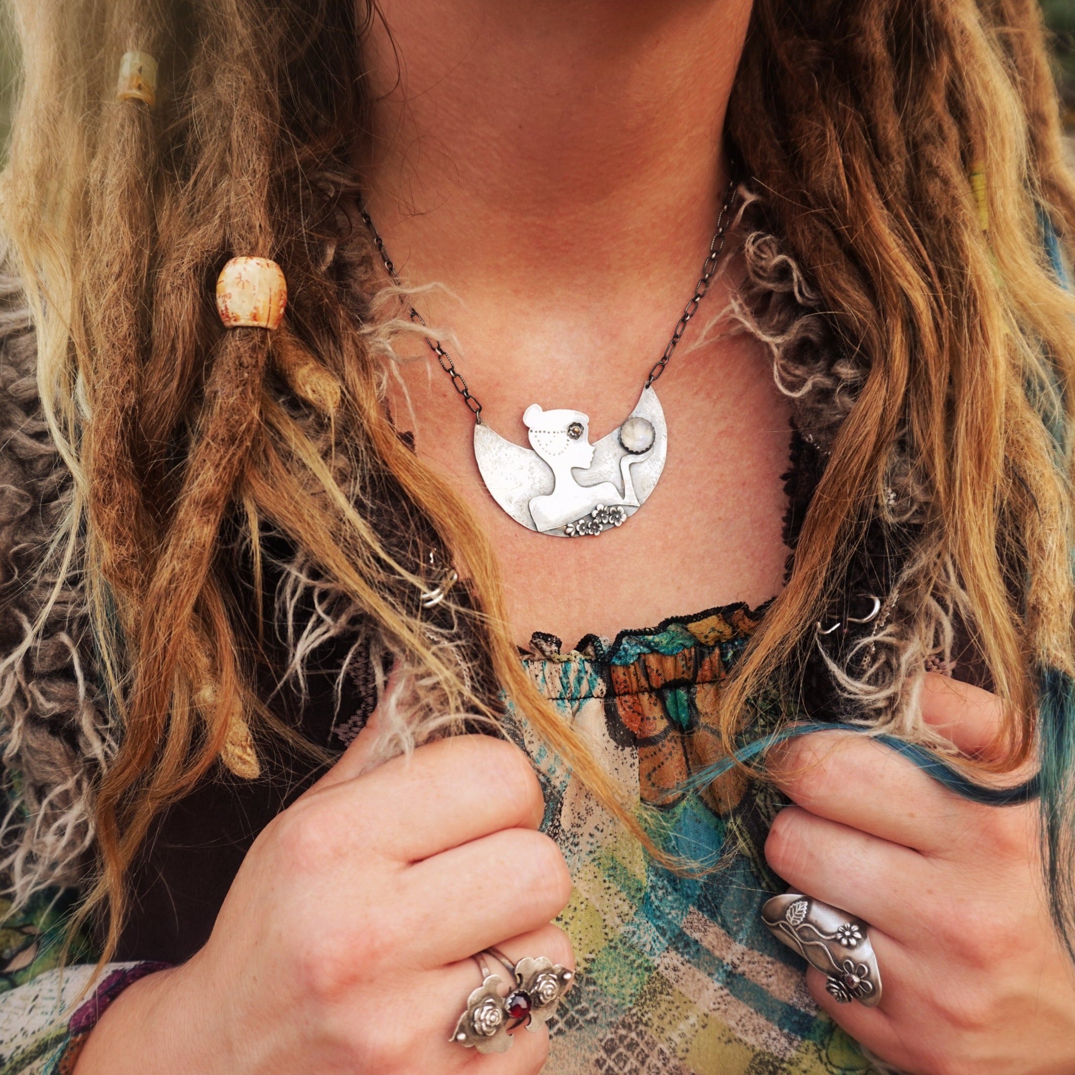 Lady on a Crescent Moon Statement Necklace