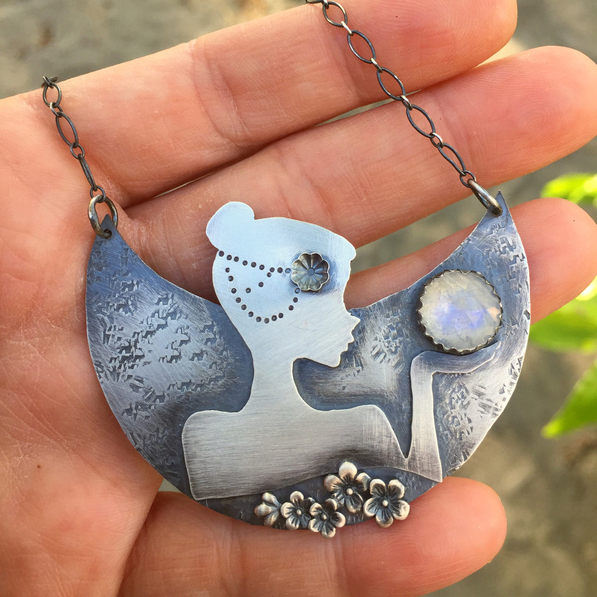 Lady on a Crescent Moon Statement Necklace