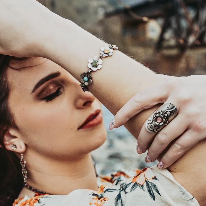 Flower Boho Hippie Bracelet photographed on a model