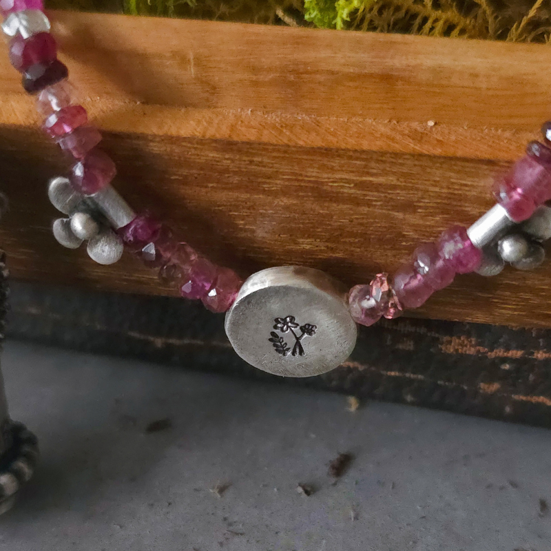 Pink Tourmaline Necklace with Sterling Silver Wildflower Medallion