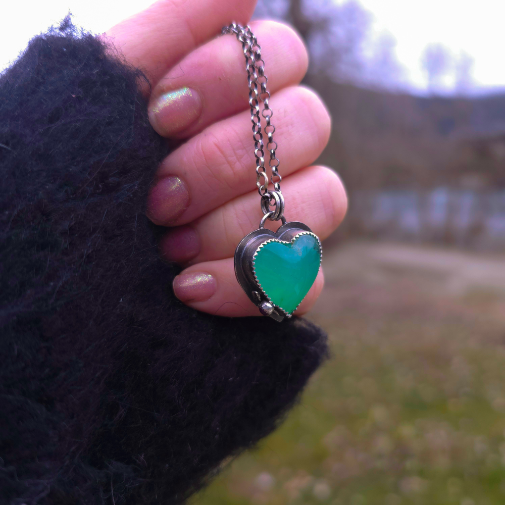 Chrysoprase Heart and Ruby Necklace OOAK