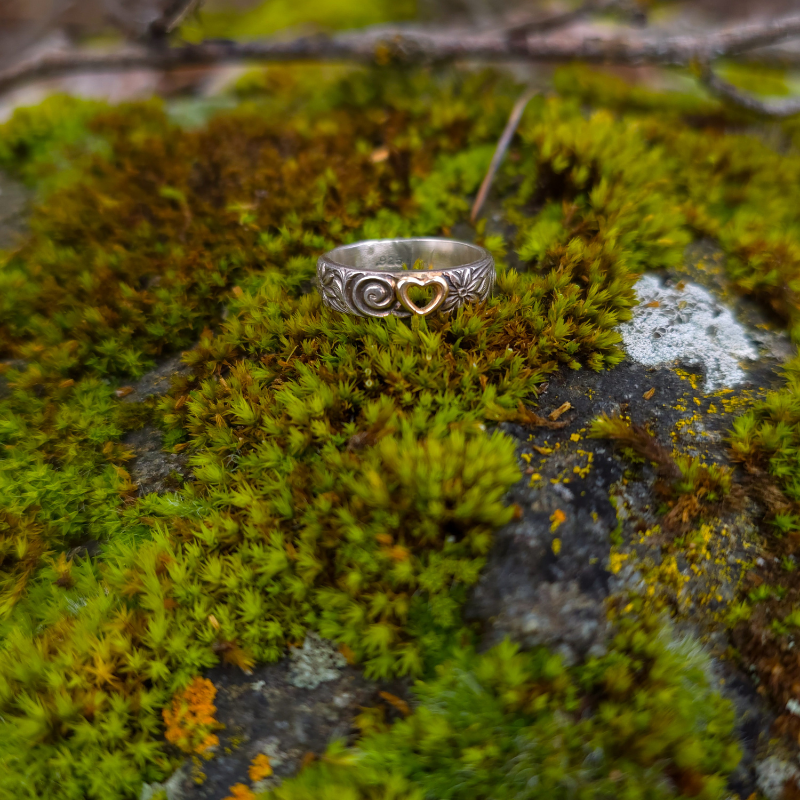 14K Gold Heart Ring on Sterling Silver Floral Band