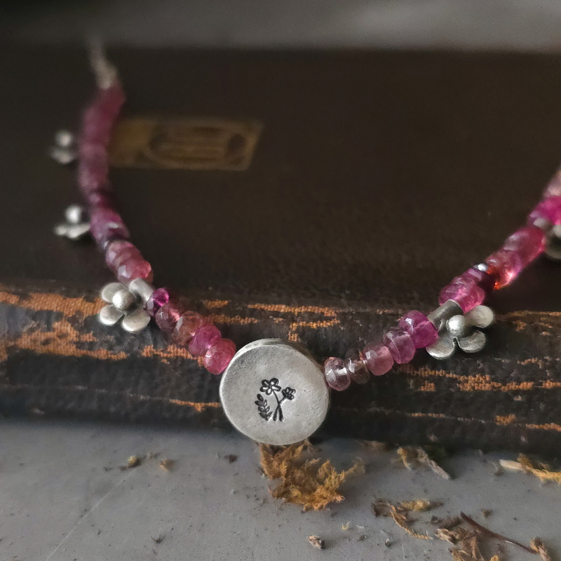 Pink Tourmaline Necklace with Sterling Silver Wildflower Medallion