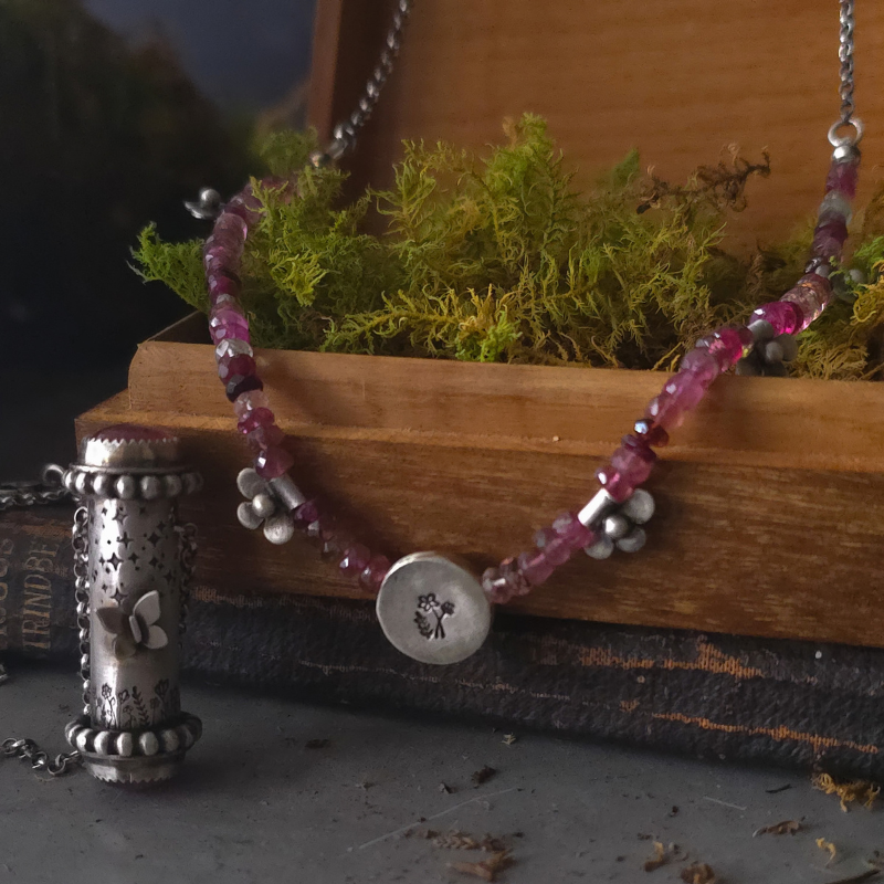 Pink Tourmaline Necklace with Sterling Silver Wildflower Medallion